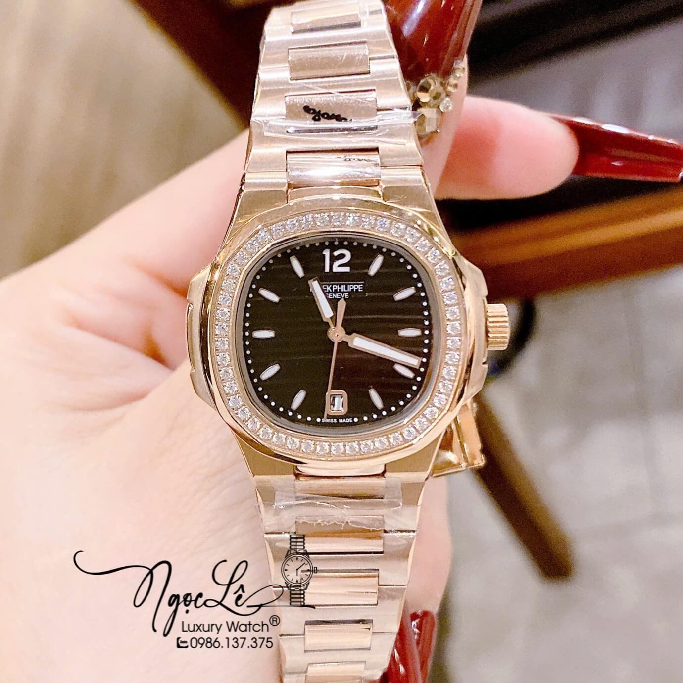 Đồng Hồ Nữ Patek Philippe Nautilus Dây Kim Loại Vàng Hồng Mặt Đen Viền Đính Đá 32mm - Quartz