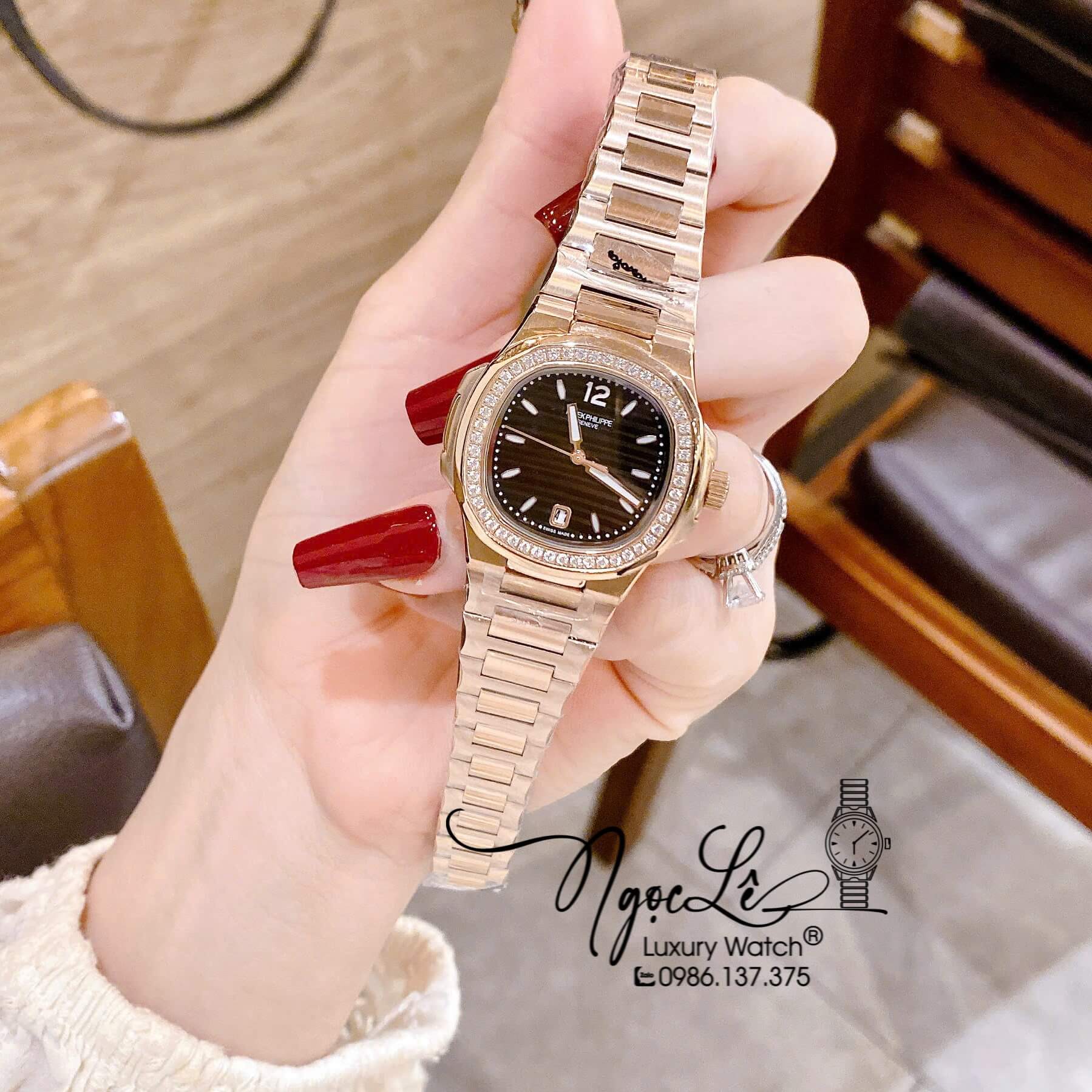 Đồng Hồ Nữ Patek Philippe Nautilus Dây Kim Loại Vàng Hồng Mặt Đen Viền Đính Đá 32mm - Quartz