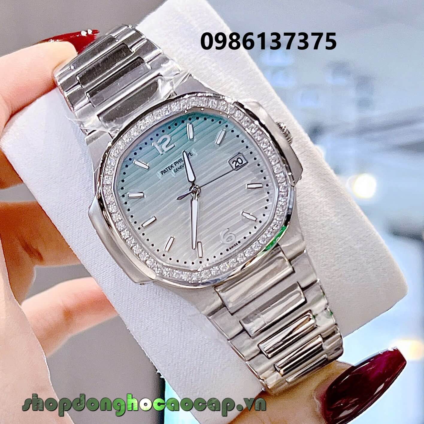 Đồng Hồ Nữ Patek Philippe Nautilus Bạc Mặt Ombre Xanh Mint Máy Thụy Sĩ Size 36mm - Viền Đá