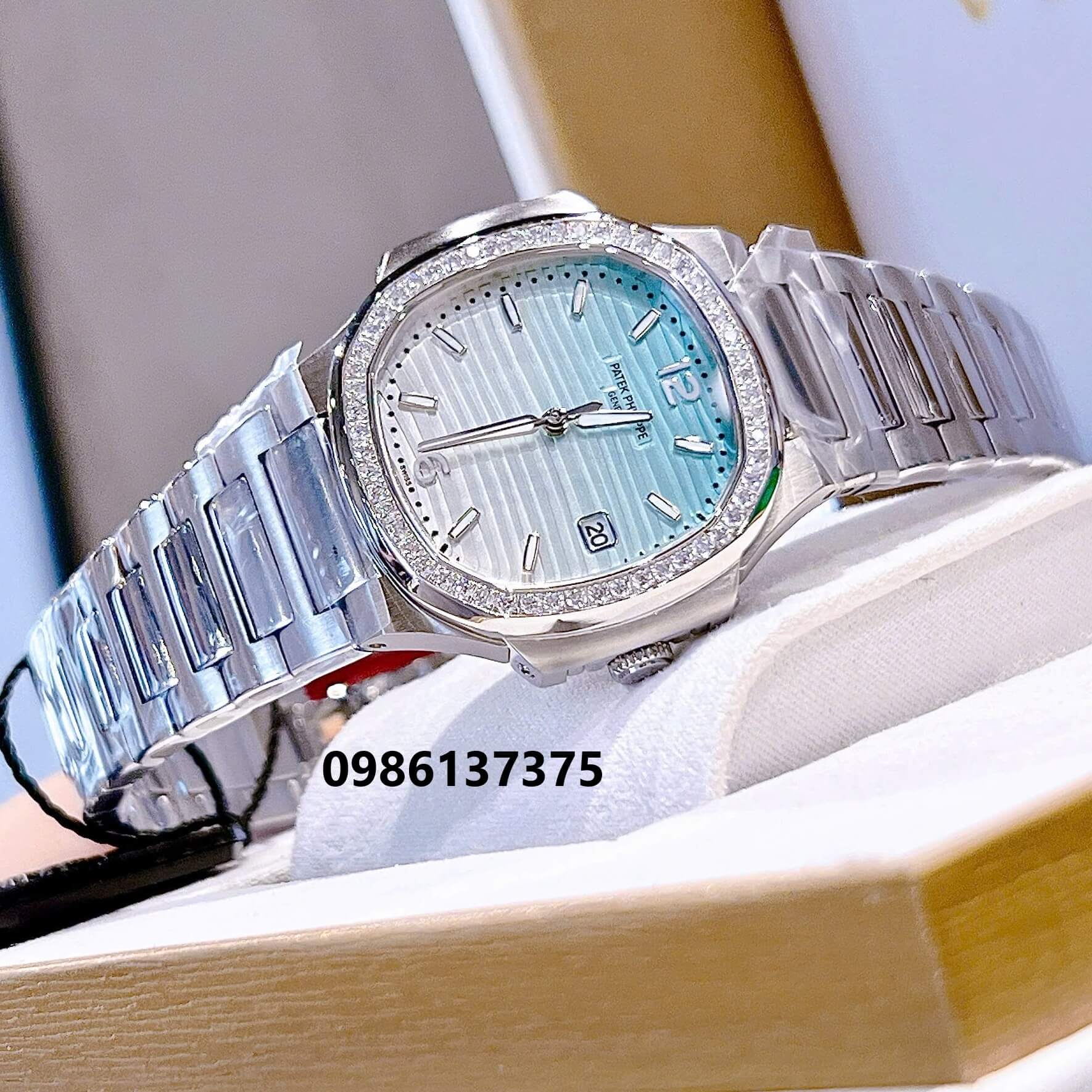 Đồng Hồ Nữ Patek Philippe Nautilus Bạc Mặt Ombre Xanh Mint Máy Thụy Sĩ Size 36mm - Viền Đá