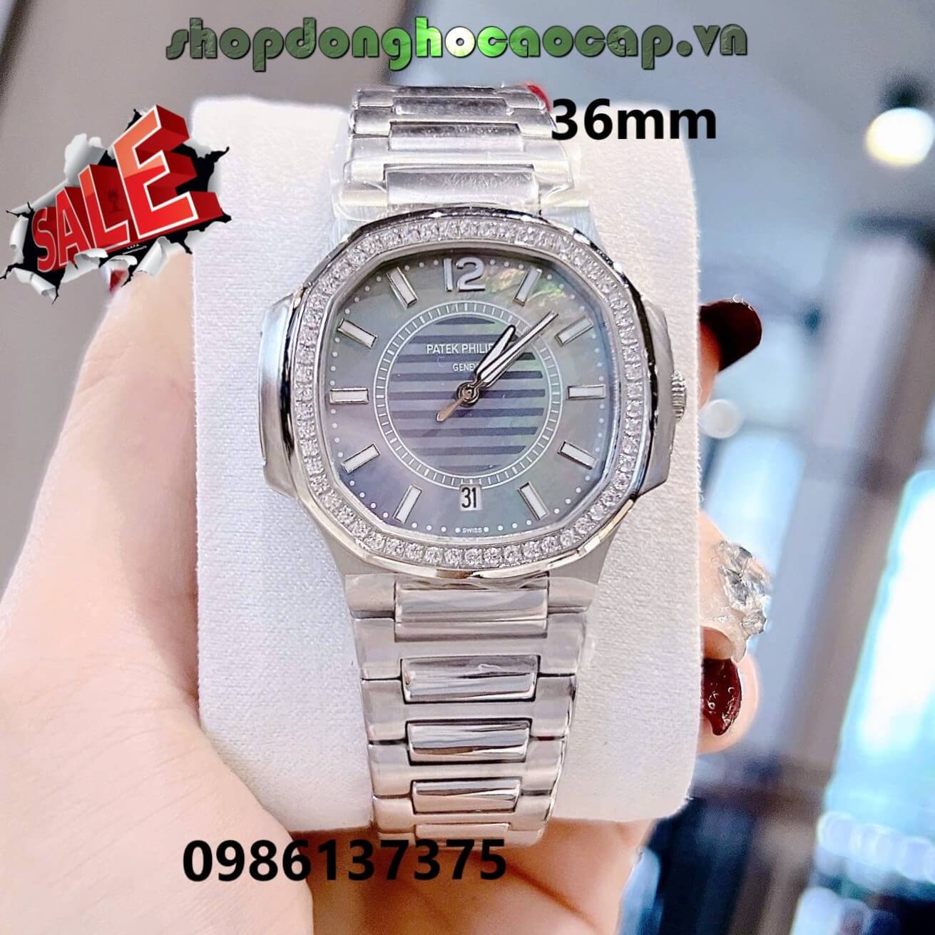 Đồng Hồ Nữ Patek Philippe Nautilus Màu Bạc Mặt Xám Xà Cừ Máy Thụy Sĩ Size 36mm - Viền Đá