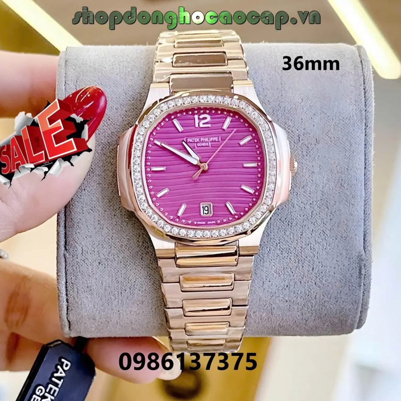 Đồng Hồ Nữ Patek Philippe Nautilus Màu Rose Gold Mặt Hồng Máy Thụy Sĩ Size 36mm - Viền Đá