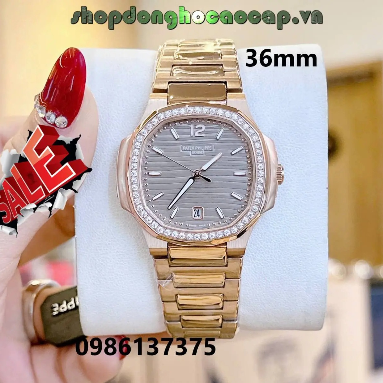 Đồng Hồ Nữ Patek Philippe Nautilus Màu Rose Gold Mặt Xám Grey Máy Thụy Sĩ Size 36mm - Viền Đá