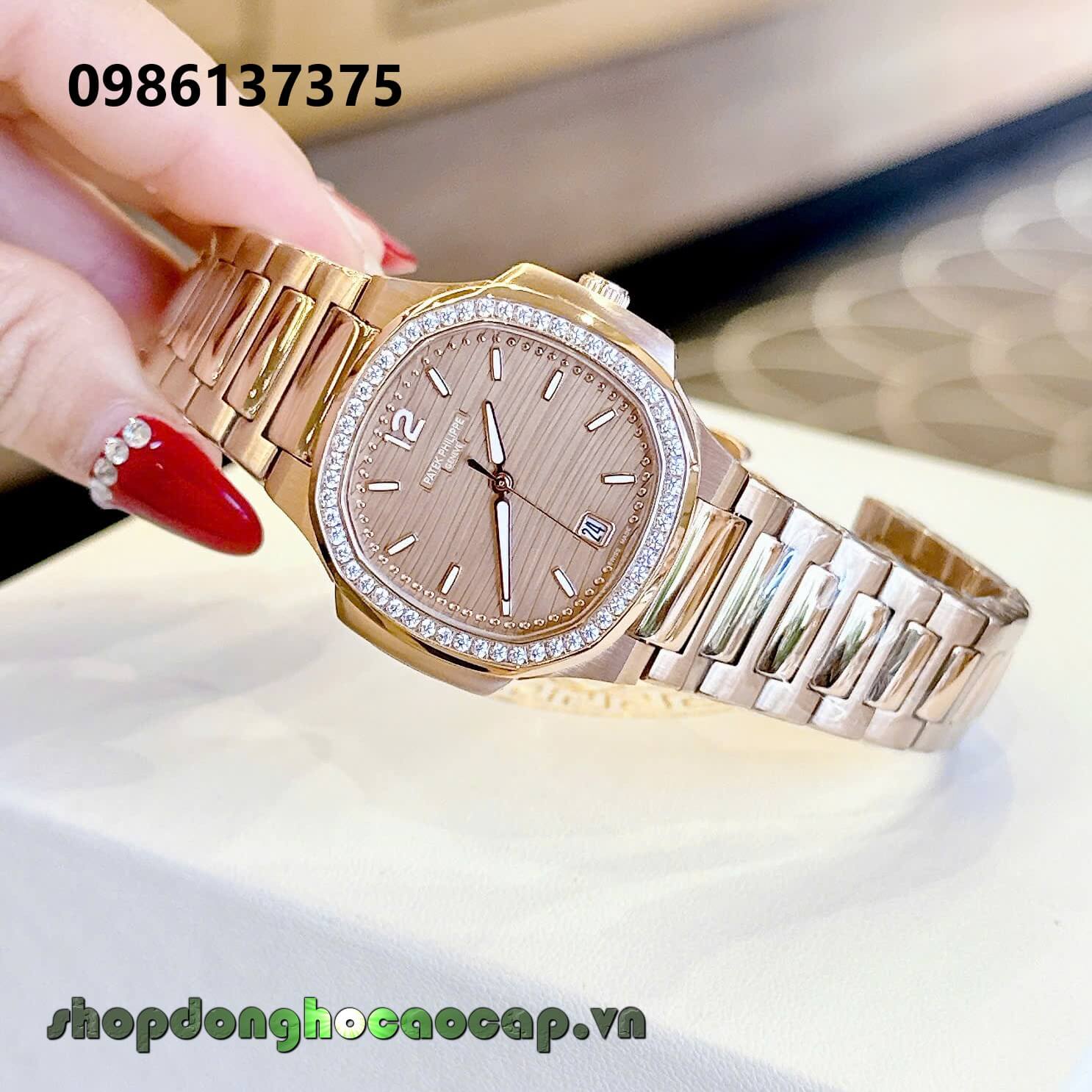 Đồng Hồ Nữ Patek Philippe Nautilus Màu Rose Gold Máy Thụy Sĩ Size 36mm - Viền Đá