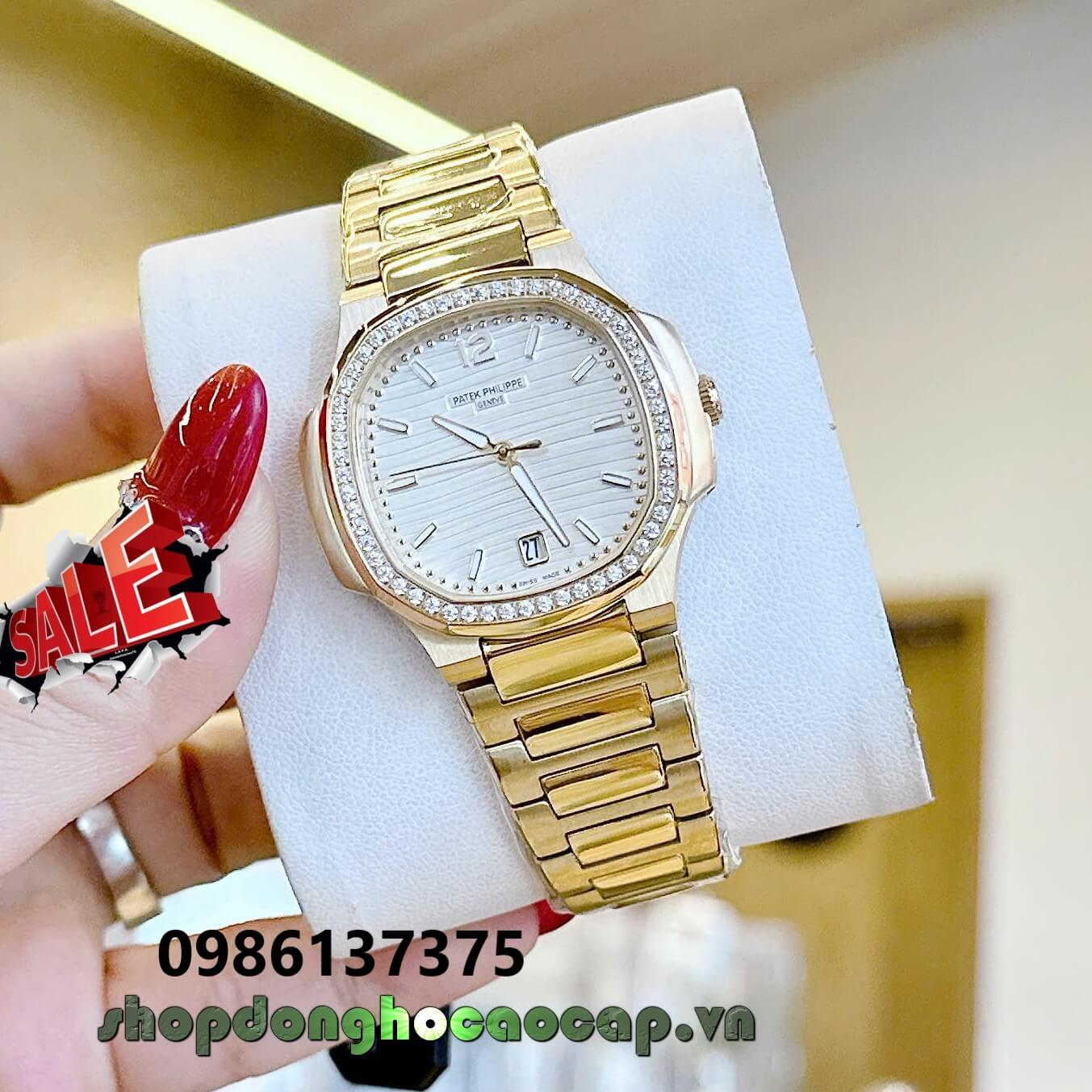 Đồng Hồ Nữ Patek Philippe Nautilus Màu Vàng Gold Mặt Trắng Máy Thụy Sĩ Size 36mm - Viền Đá