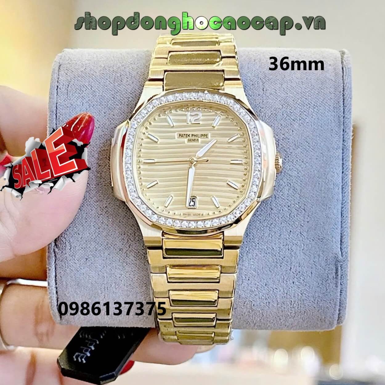 Đồng Hồ Nữ Patek Philippe Nautilus Màu Vàng Gold Mặt Vàng Máy Thụy Sĩ Size 36mm - Viền Đá