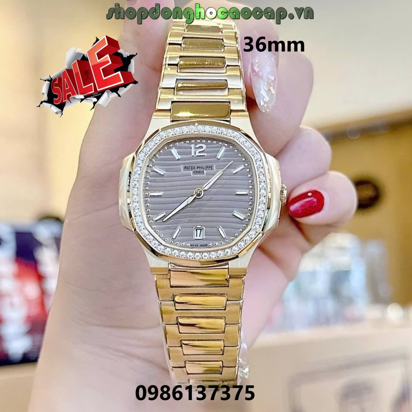 Đồng Hồ Nữ Patek Philippe Nautilus Màu Vàng Gold Mặt Xám Grey Máy Thụy Sĩ Size 36mm - Viền Đá
