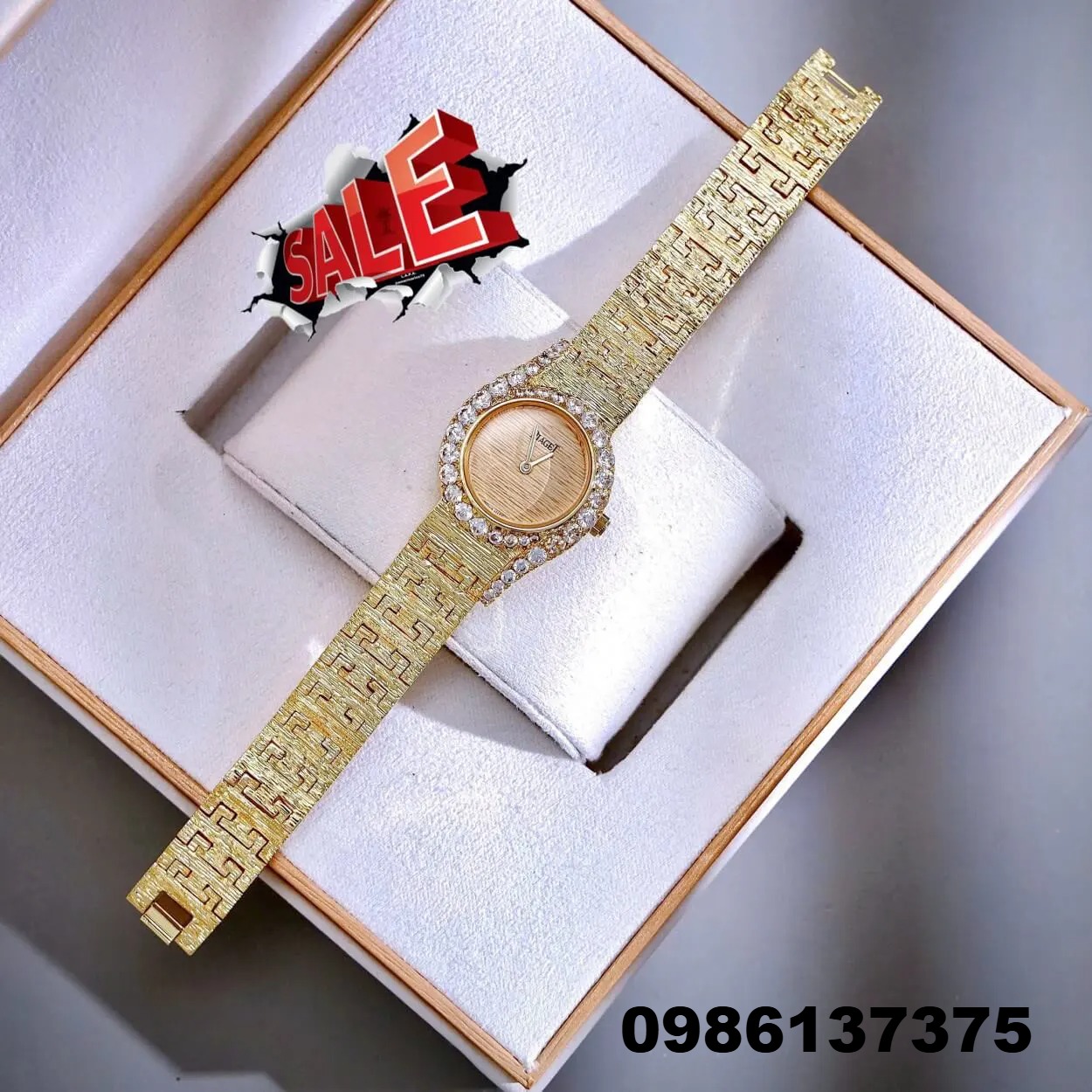 Đồng Hồ Nữ Piaget Dây Kim Loại Mesh Vàng Mặt Vàng Viền Đá Màu Size 26mm | Máy Pin