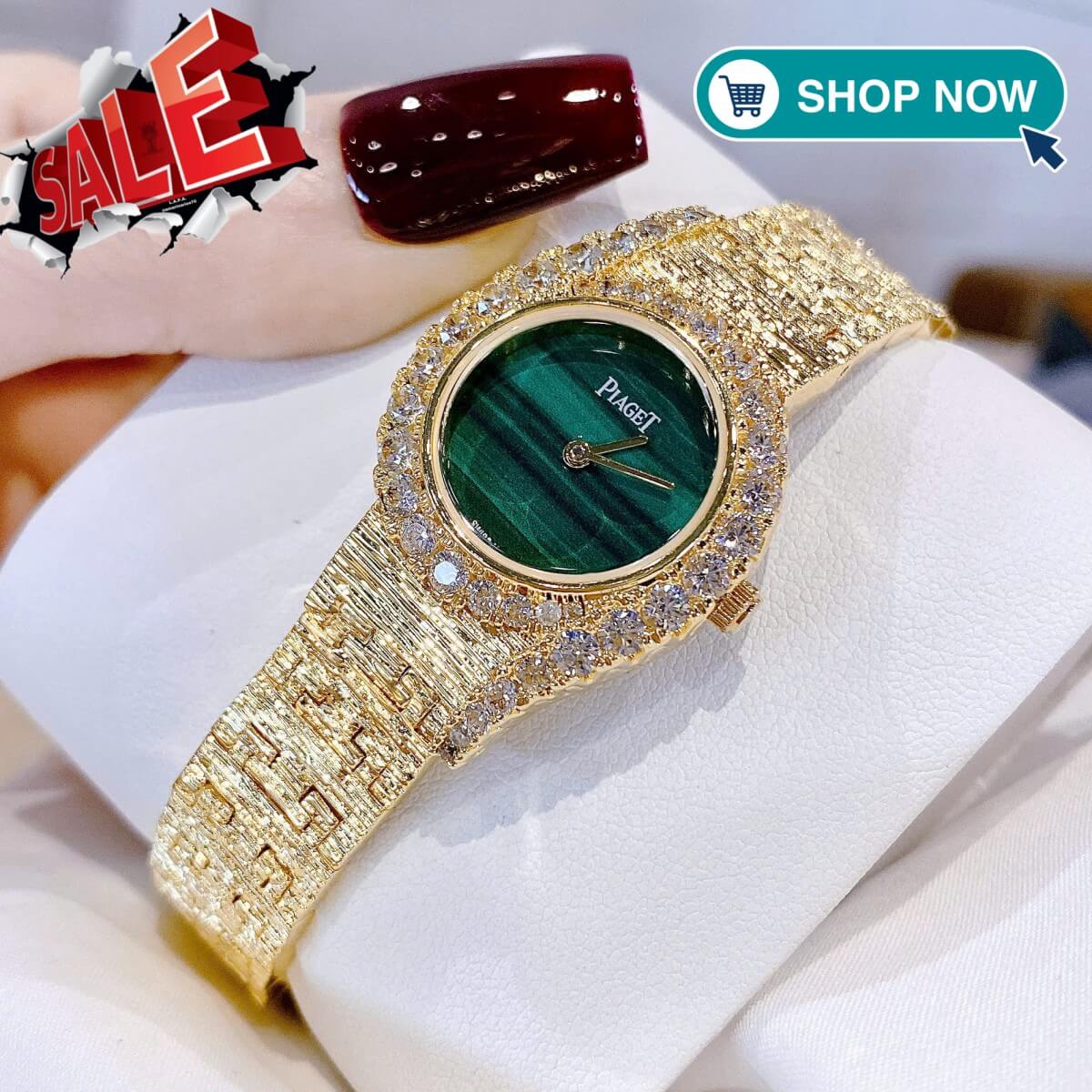 Đồng Hồ Nữ Piaget Dây Kim Loại Mesh Vàng Mặt Xanh Lá Viền Đá Màu Size 26mm | Máy Pin