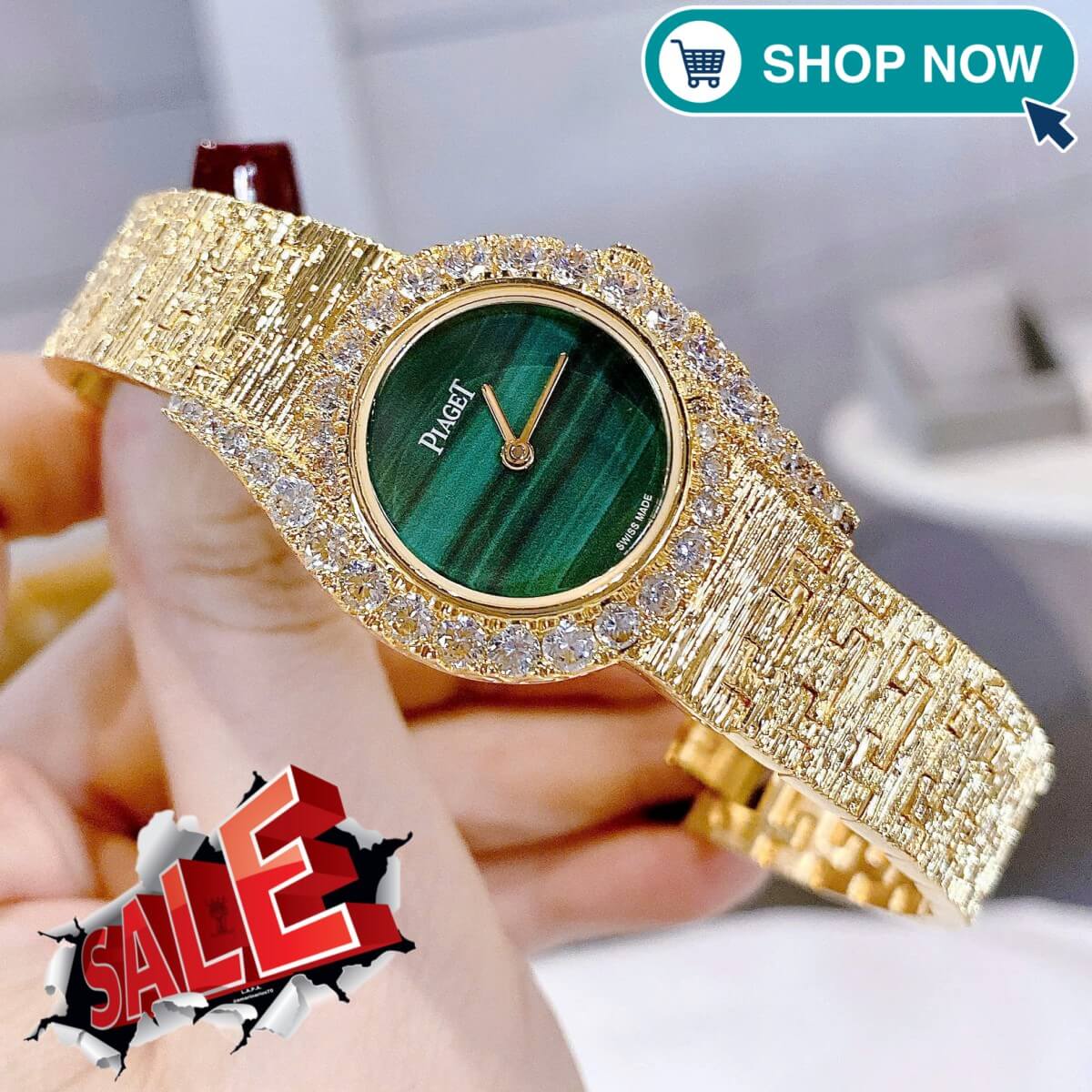 Đồng Hồ Nữ Piaget Dây Kim Loại Mesh Vàng Mặt Xanh Lá Viền Đá Màu Size 26mm | Máy Pin