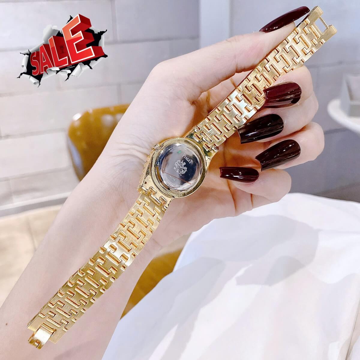 Đồng Hồ Nữ Piaget Dây Kim Loại Mesh Vàng Mặt Xanh Lá Viền Đá Màu Size 26mm | Máy Pin