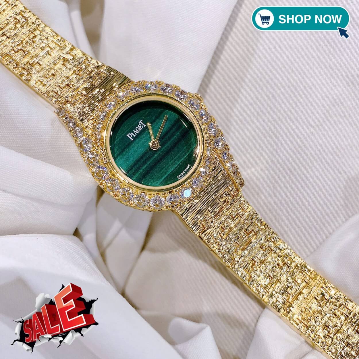Đồng Hồ Nữ Piaget Dây Kim Loại Mesh Vàng Mặt Xanh Lá Viền Đá Màu Size 26mm | Máy Pin