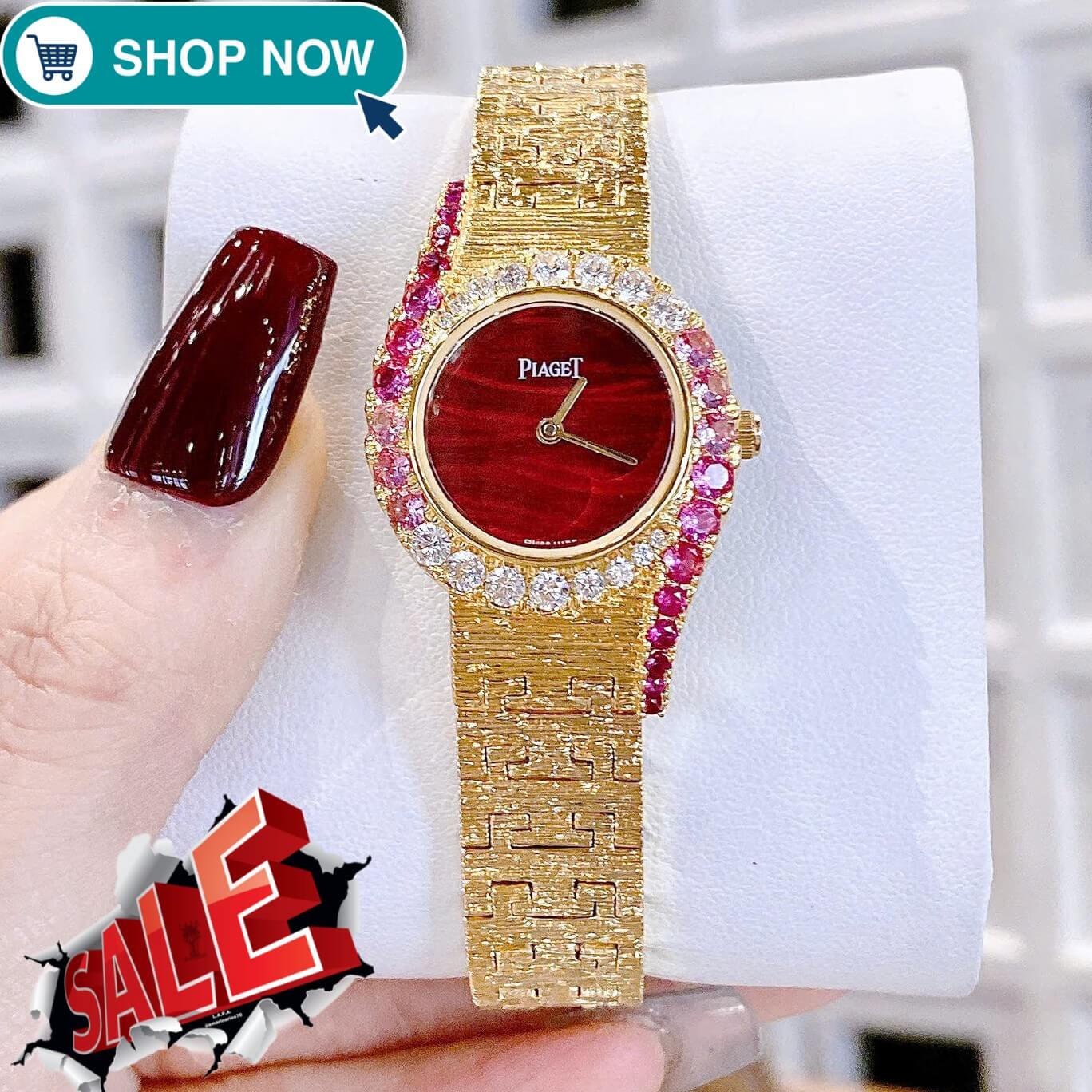 Đồng Hồ Piaget Nữ Dây Kim Loại Mesh Vàng Mặt Đỏ Viền Đá Đỏ Size 26mm - Máy Pin