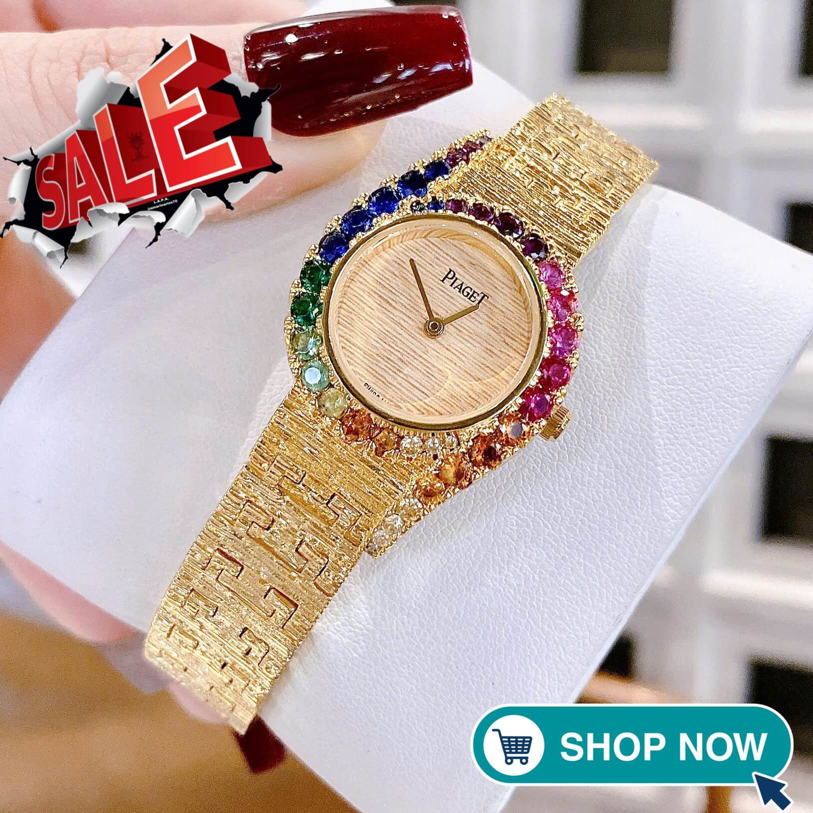 Đồng Hồ Piaget Nữ Dây Kim Loại Mesh Vàng Mặt Vàng Viền Đá Màu Size 26mm - Máy Pin