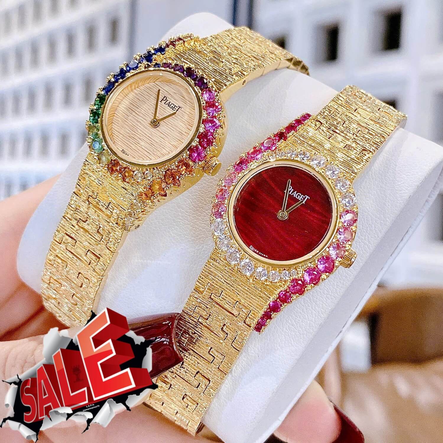 Đồng Hồ Piaget Nữ Dây Kim Loại Mesh Vàng Mặt Vàng Viền Đá Màu Size 26mm - Máy Pin