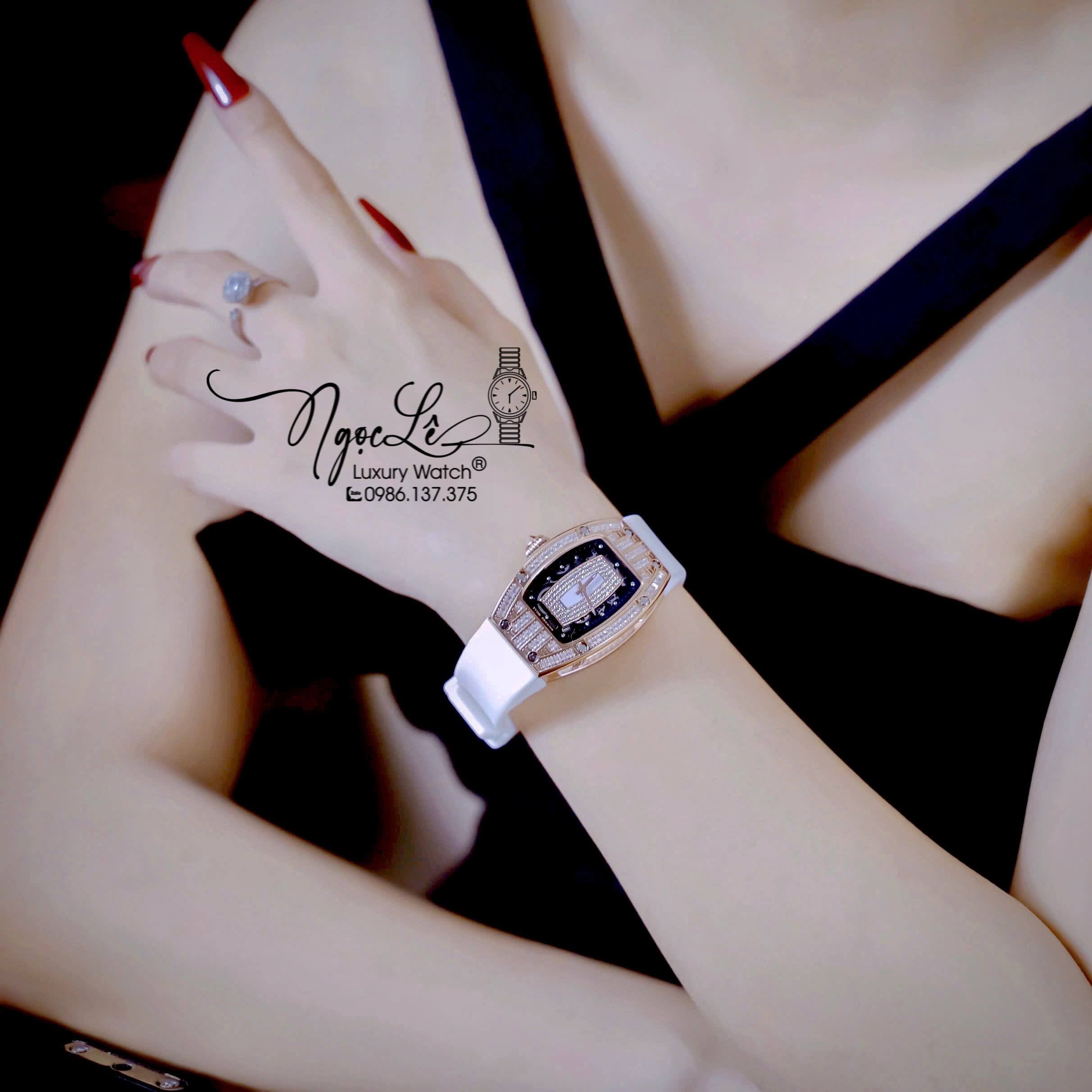 Đồng Hồ Nữ Richard Mille Dây Cao Su Trắng Vỏ Rose Đính Đá Siêu Cấp Máy Pin Thụy Sĩ Size 39mm