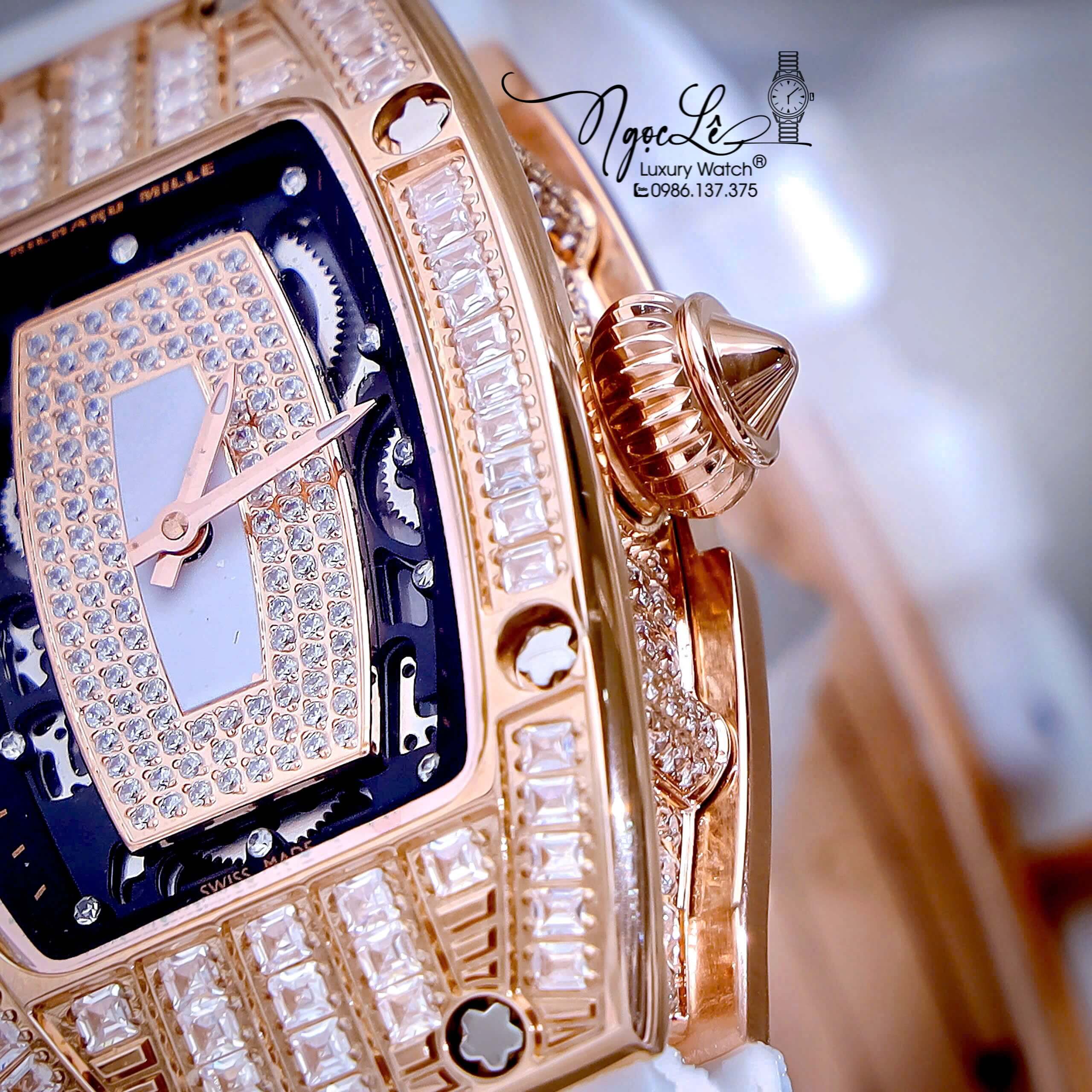 Đồng Hồ Nữ Richard Mille Dây Cao Su Trắng Vỏ Rose Đính Đá Siêu Cấp Máy Pin Thụy Sĩ Size 39mm