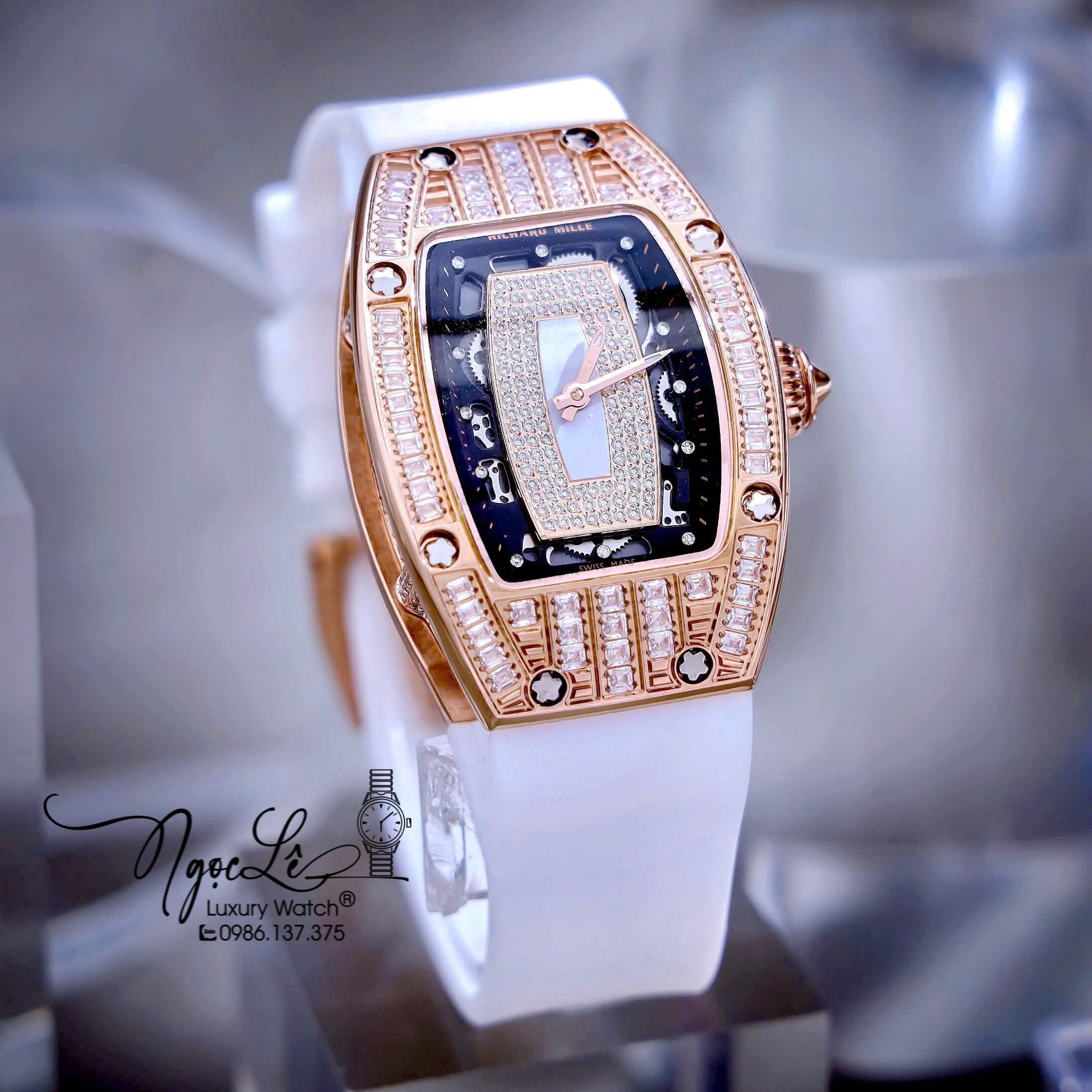 Đồng Hồ Nữ Richard Mille Dây Cao Su Trắng Vỏ Rose Đính Đá Siêu Cấp Máy Pin Thụy Sĩ Size 39mm