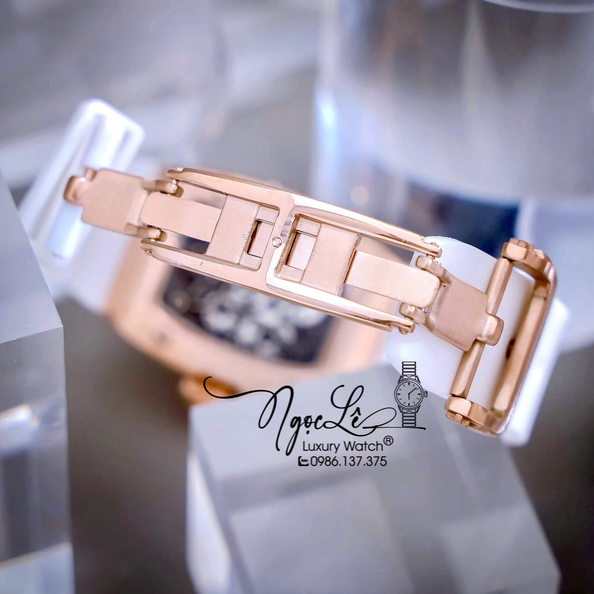Đồng Hồ Nữ Richard Mille Dây Cao Su Trắng Vỏ Rose Đính Đá Siêu Cấp Máy Pin Thụy Sĩ Size 39mm