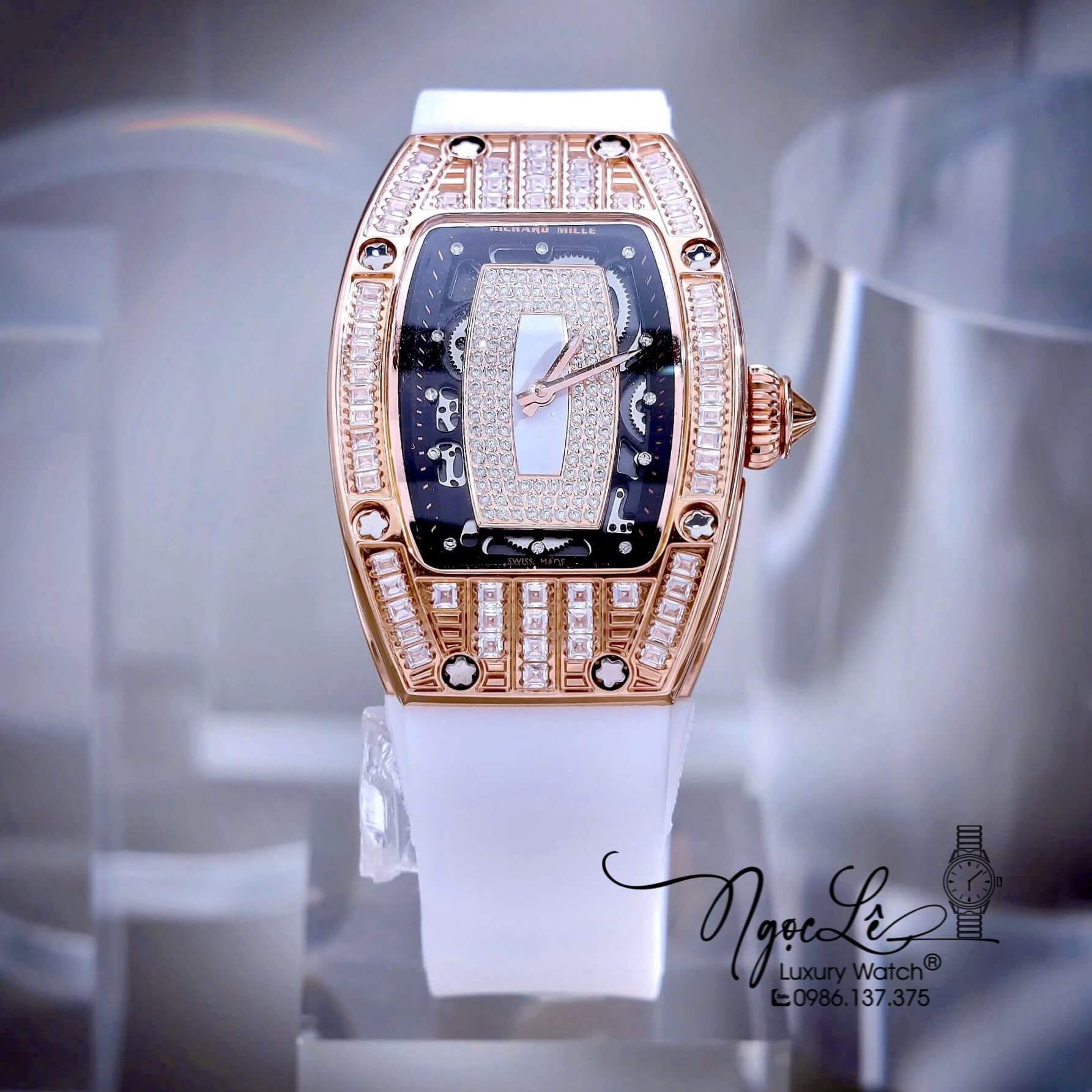 Đồng Hồ Nữ Richard Mille Dây Cao Su Trắng Vỏ Rose Đính Đá Siêu Cấp Máy Pin Thụy Sĩ Size 39mm