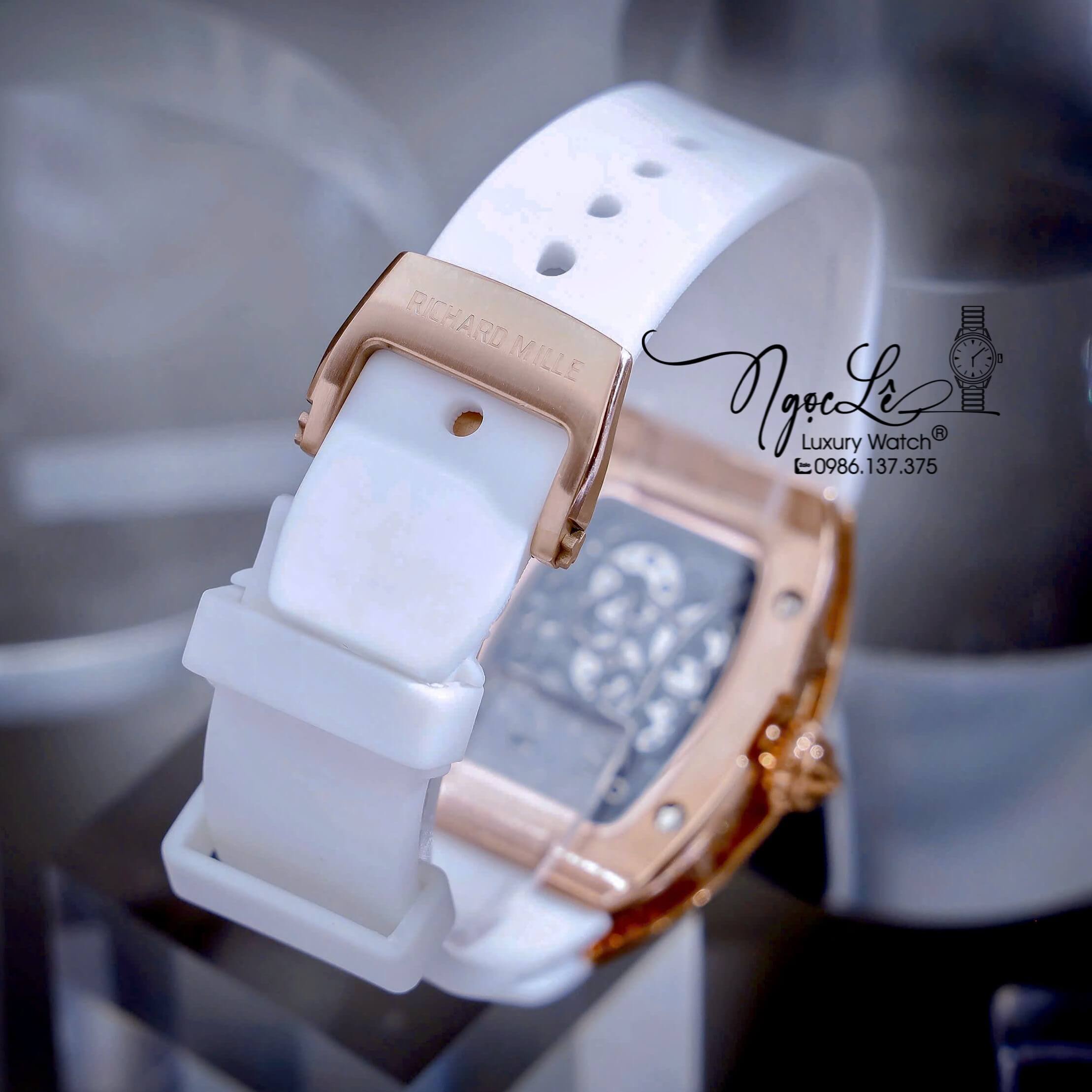 Đồng Hồ Nữ Richard Mille Dây Cao Su Trắng Vỏ Rose Đính Đá Siêu Cấp Máy Pin Thụy Sĩ Size 39mm