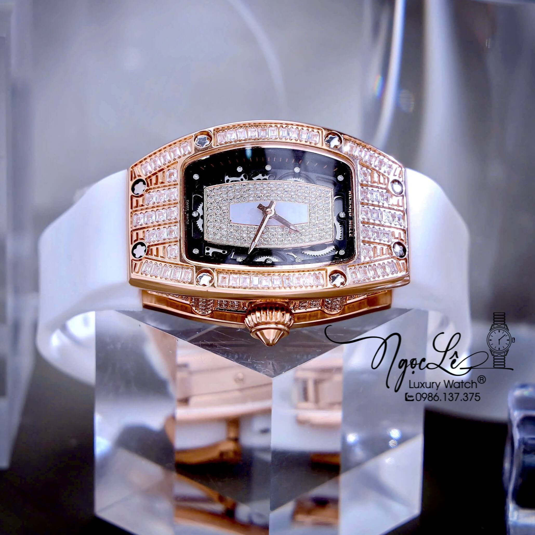 Đồng Hồ Nữ Richard Mille Dây Cao Su Trắng Vỏ Rose Đính Đá Siêu Cấp Máy Pin Thụy Sĩ Size 39mm
