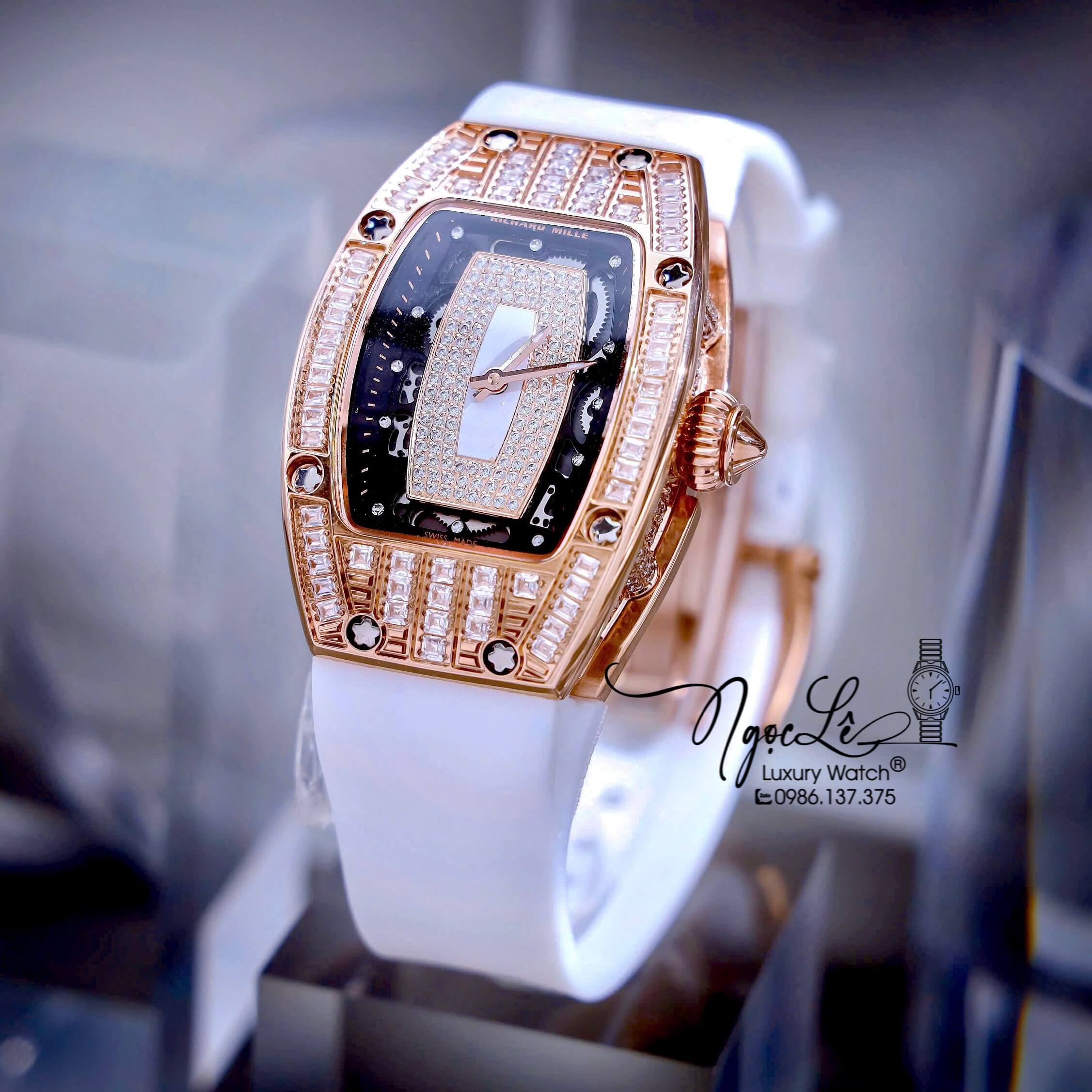 Đồng Hồ Nữ Richard Mille Dây Cao Su Trắng Vỏ Rose Đính Đá Siêu Cấp Máy Pin Thụy Sĩ Size 39mm