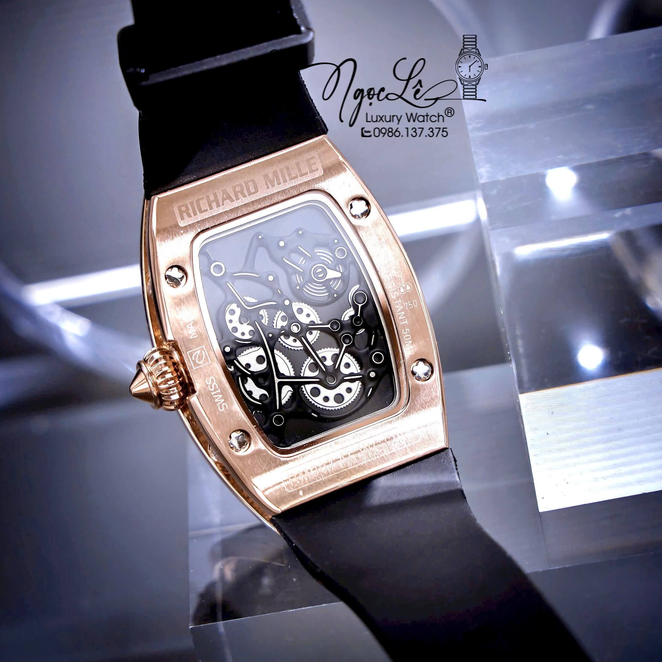 Đồng Hồ Nữ Richard Mille Dây Cao Su Đen Lõi Đen Vỏ Rose Đính Đá Siêu Cấp Máy Pin Thụy Sĩ Size 39mm