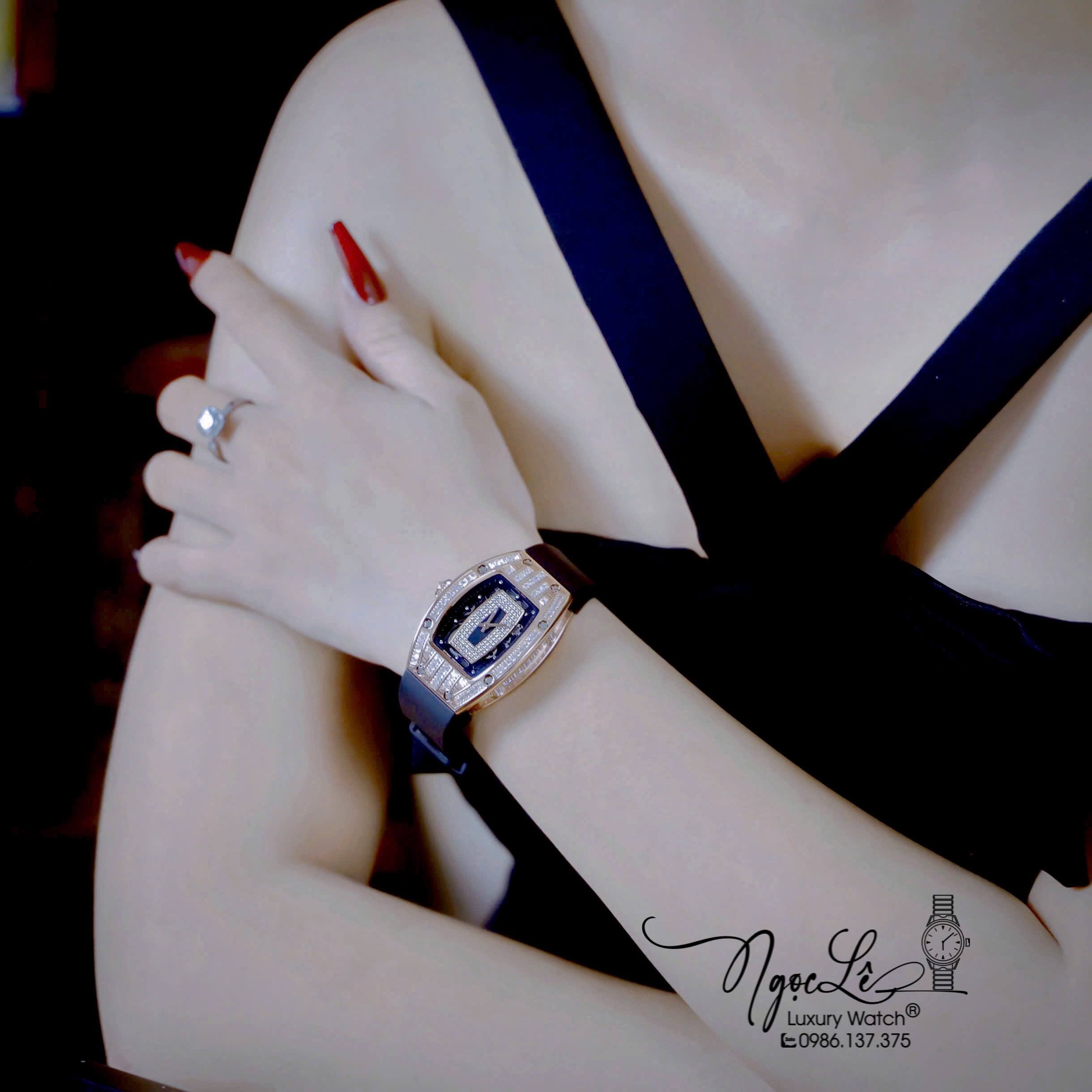 Đồng Hồ Nữ Richard Mille Dây Cao Su Đen Lõi Đen Vỏ Rose Đính Đá Siêu Cấp Máy Pin Thụy Sĩ Size 39mm
