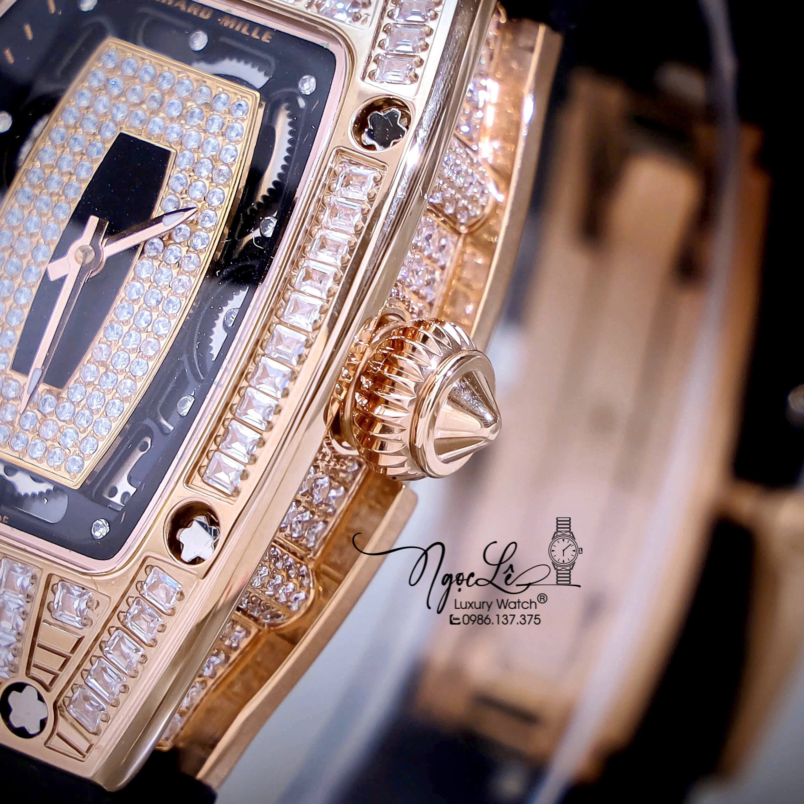 Đồng Hồ Nữ Richard Mille Dây Cao Su Đen Lõi Đen Vỏ Rose Đính Đá Siêu Cấp Máy Pin Thụy Sĩ Size 39mm