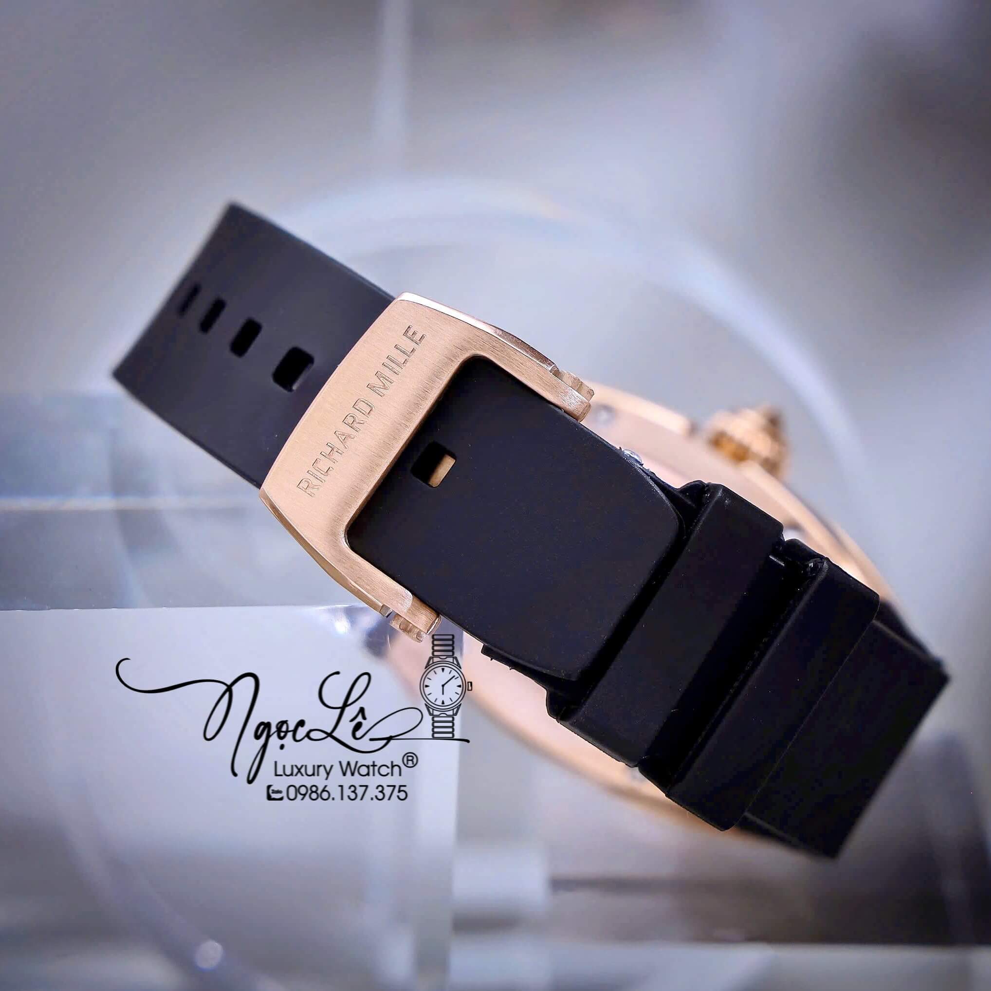 Đồng Hồ Nữ Richard Mille Dây Cao Su Đen Lõi Đen Vỏ Rose Đính Đá Siêu Cấp Máy Pin Thụy Sĩ Size 39mm
