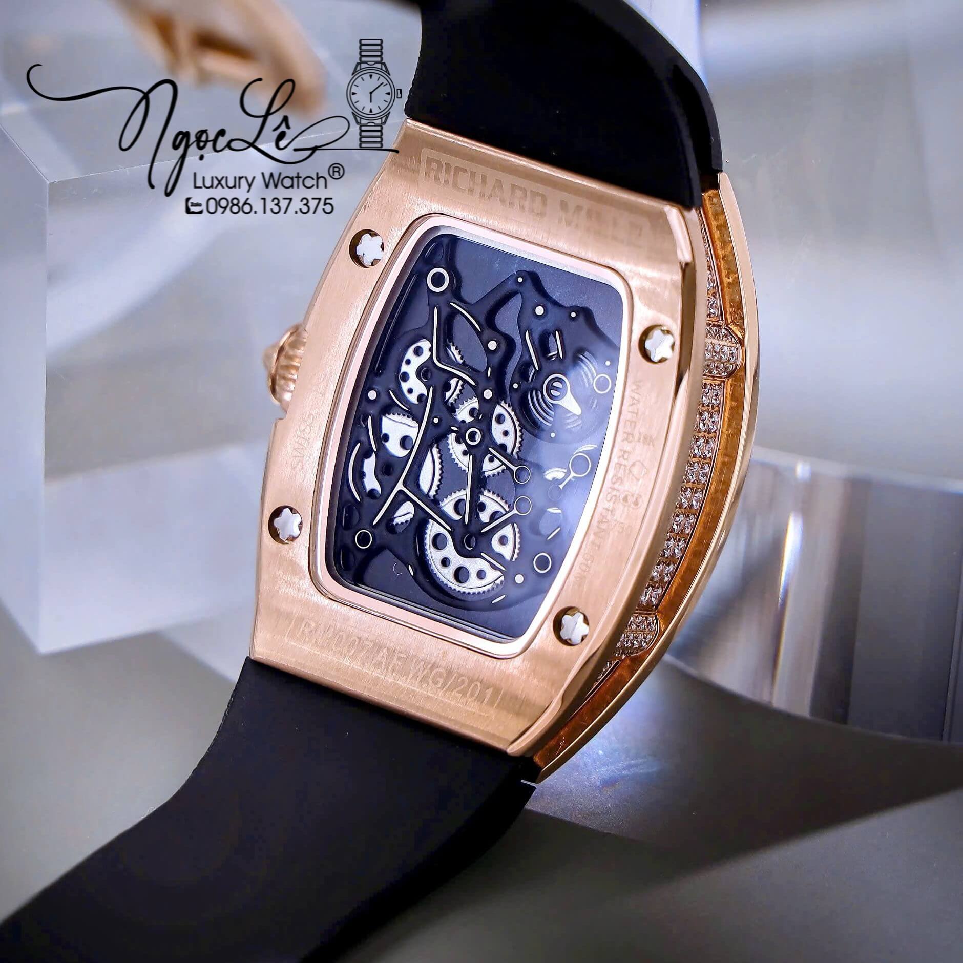 Đồng Hồ Nữ Richard Mille Dây Cao Su Đen Lõi Đen Vỏ Rose Đính Đá Siêu Cấp Máy Pin Thụy Sĩ Size 39mm