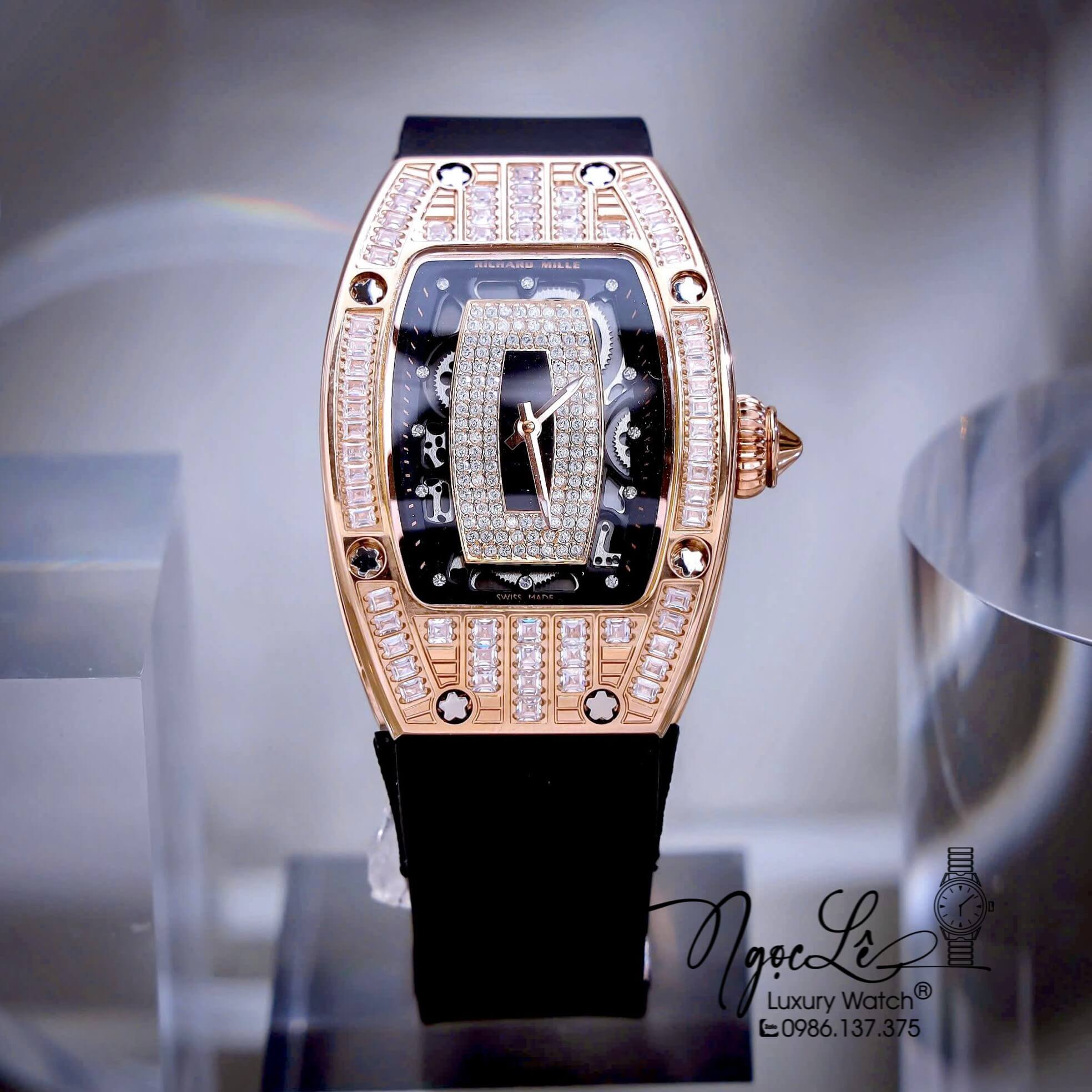 Đồng Hồ Nữ Richard Mille Dây Cao Su Đen Lõi Đen Vỏ Rose Đính Đá Siêu Cấp Máy Pin Thụy Sĩ Size 39mm