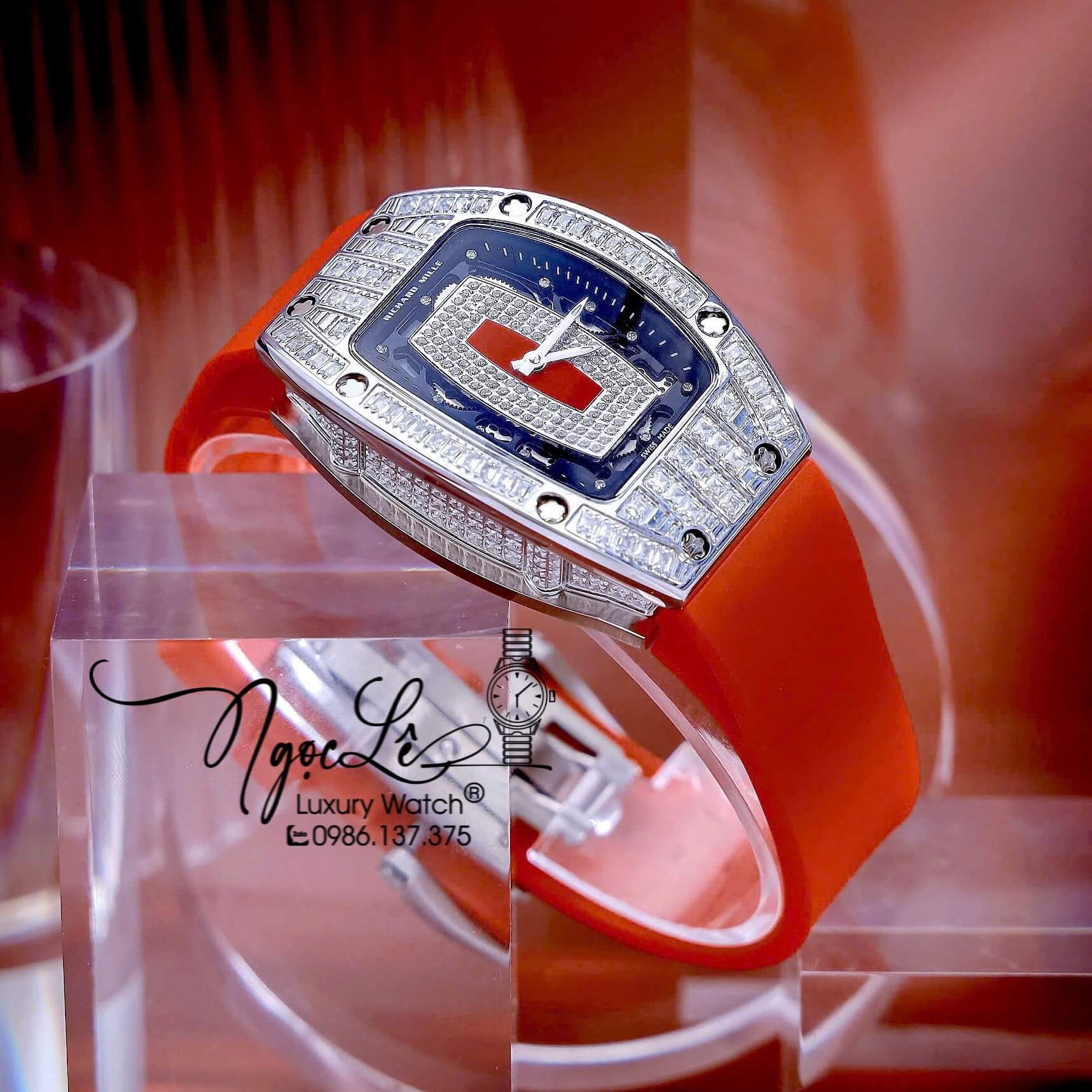 Đồng Hồ Nữ Richard Mille Dây Cao Su Đỏ Siêu Cấp Đính Đá Máy Pin Thụy Sĩ