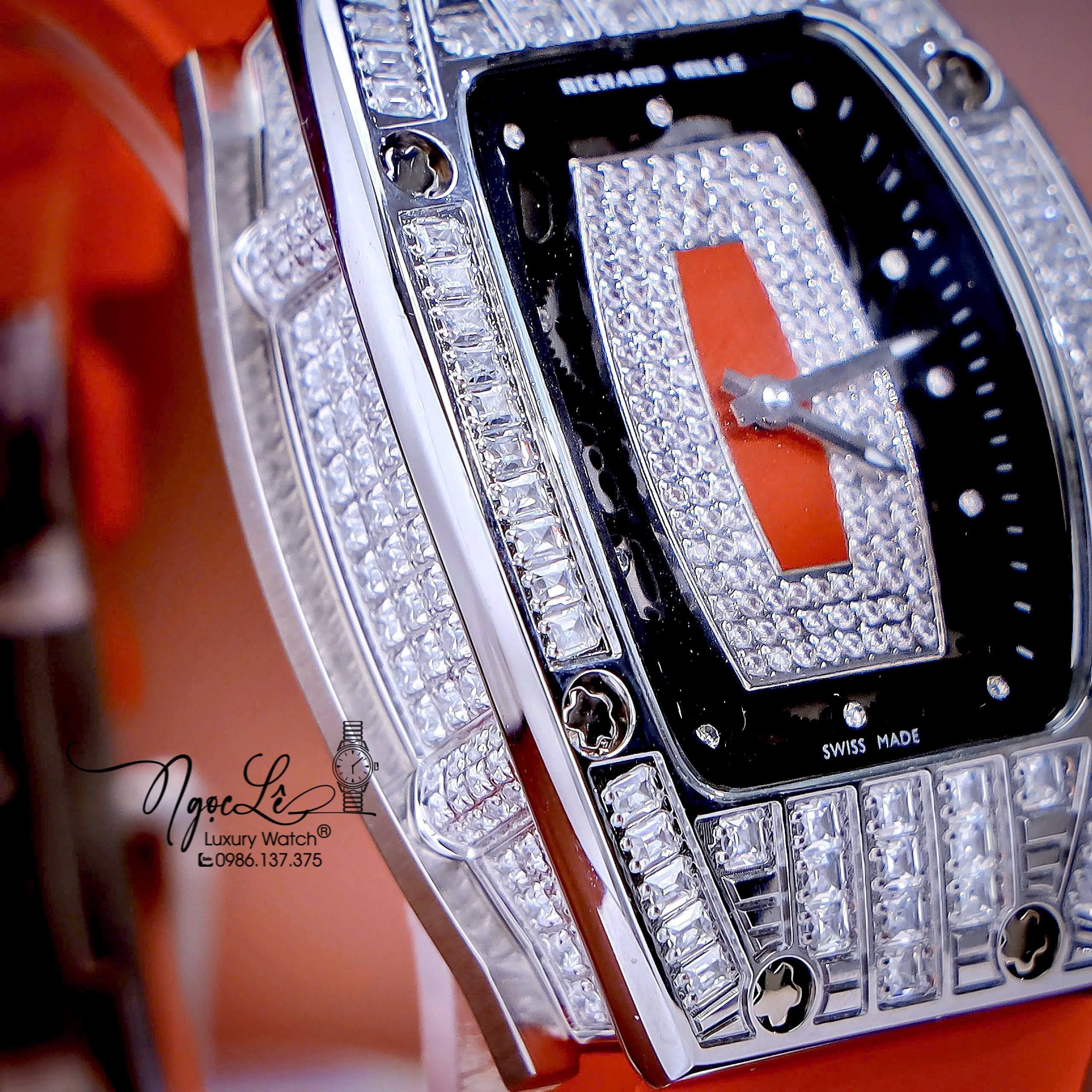 Đồng Hồ Nữ Richard Mille Dây Cao Su Đỏ Siêu Cấp Đính Đá Máy Pin Thụy Sĩ