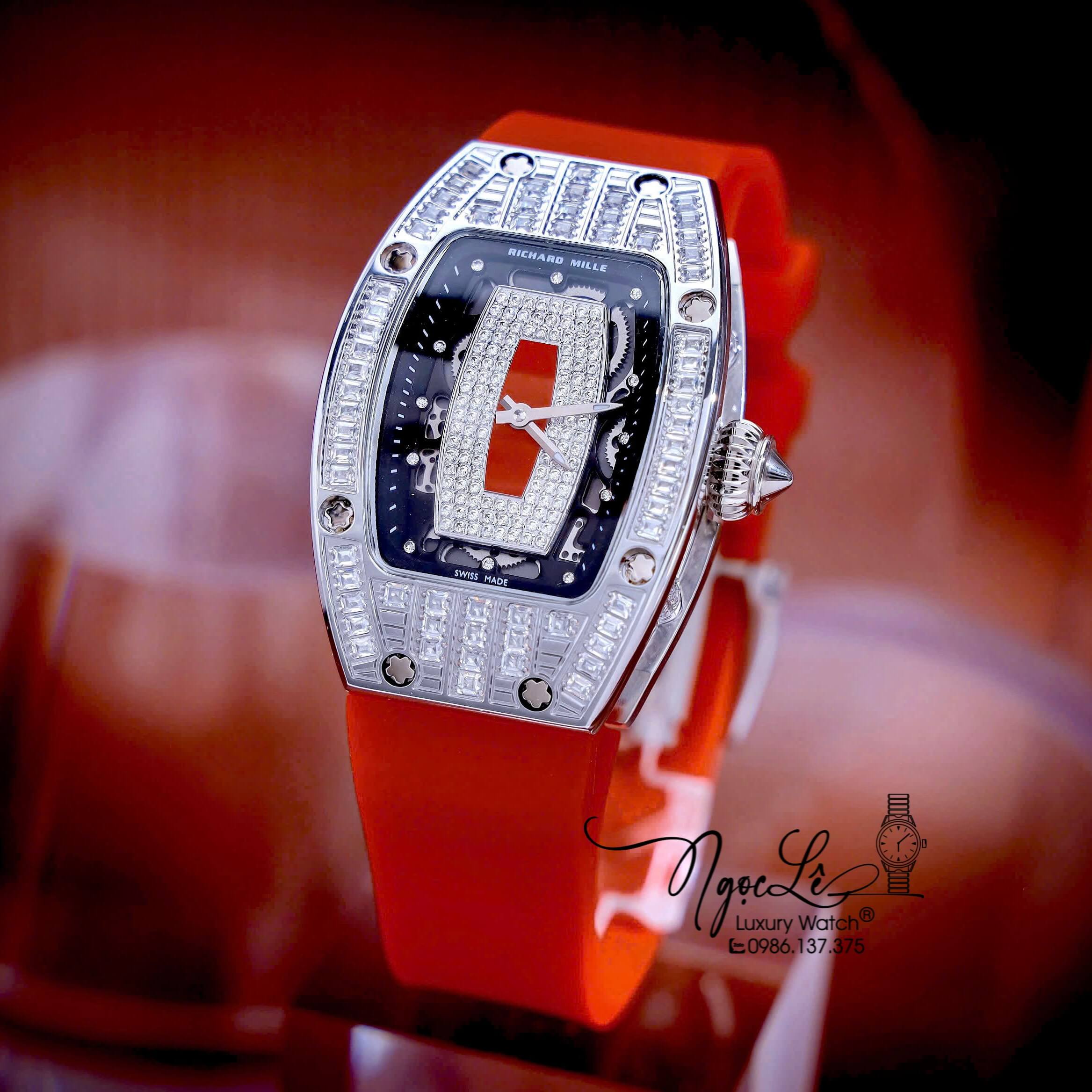 Đồng Hồ Nữ Richard Mille Dây Cao Su Đỏ Siêu Cấp Đính Đá Máy Pin Thụy Sĩ