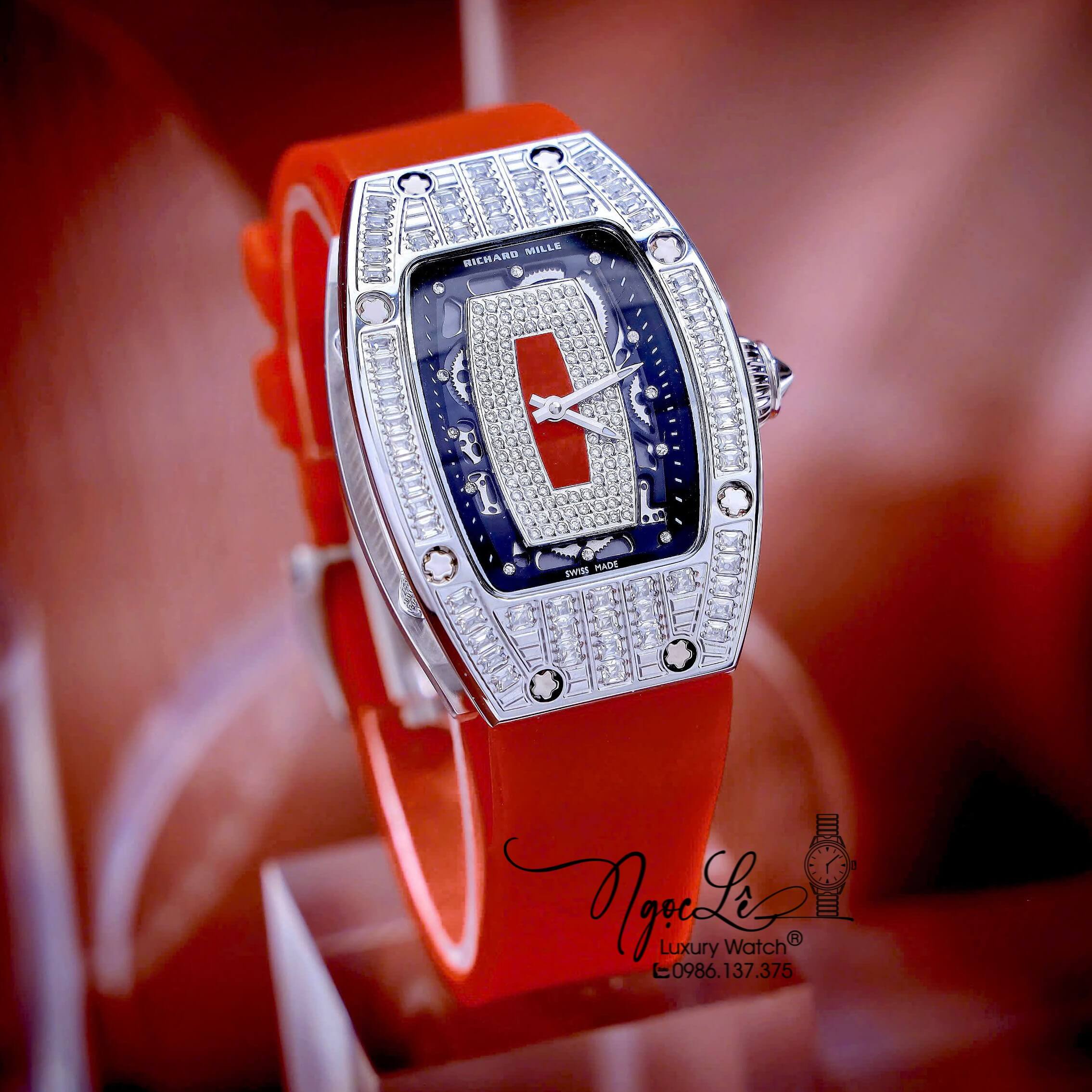 Đồng Hồ Nữ Richard Mille Dây Cao Su Đỏ Siêu Cấp Đính Đá Máy Pin Thụy Sĩ