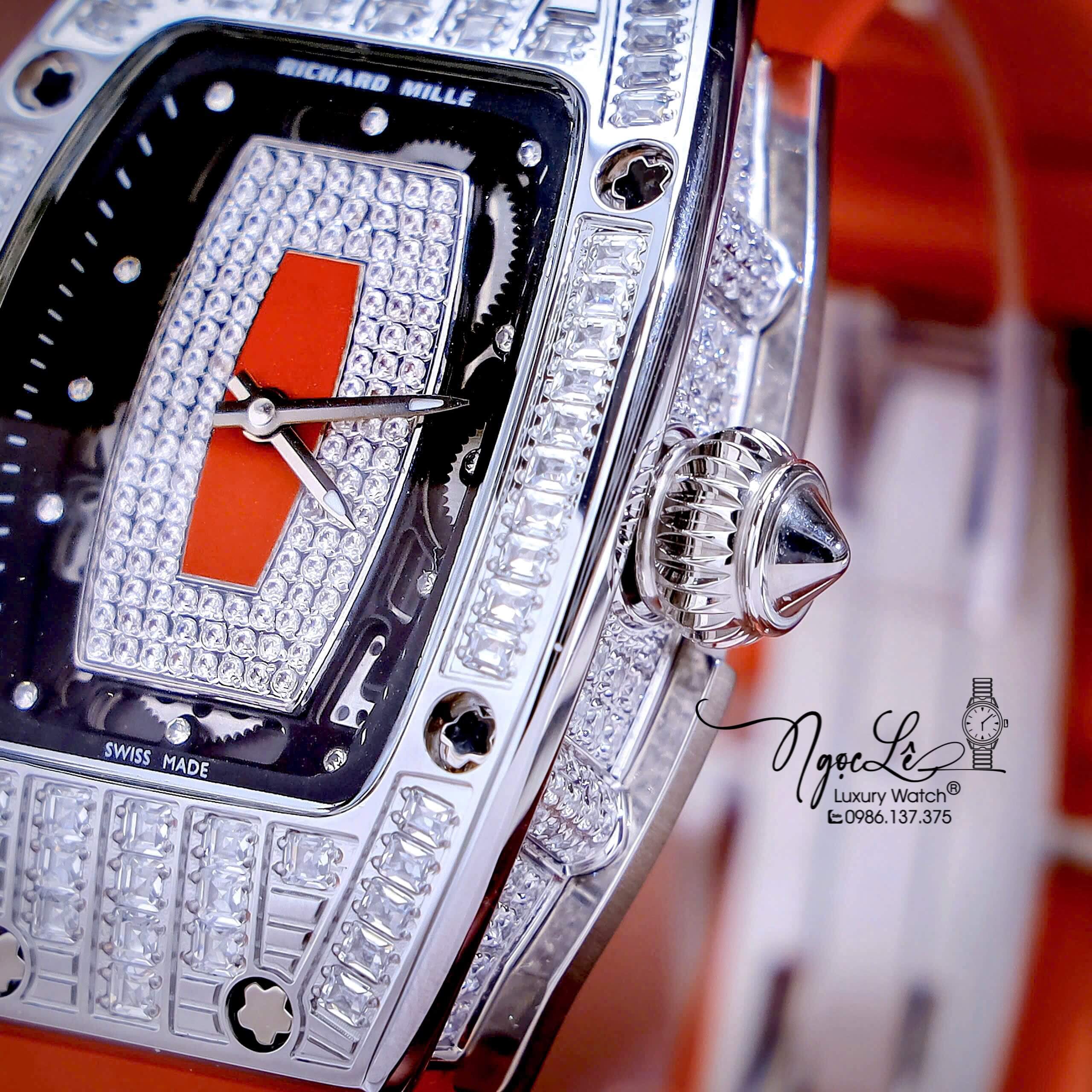 Đồng Hồ Nữ Richard Mille Dây Cao Su Đỏ Siêu Cấp Đính Đá Máy Pin Thụy Sĩ