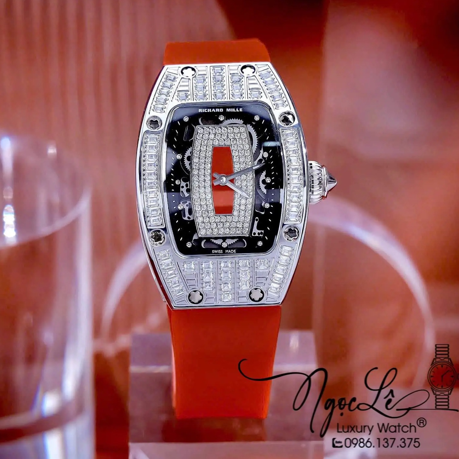 Đồng Hồ Nữ Richard Mille Dây Cao Su Đỏ Siêu Cấp Đính Đá Máy Pin Thụy Sĩ Size 39mm