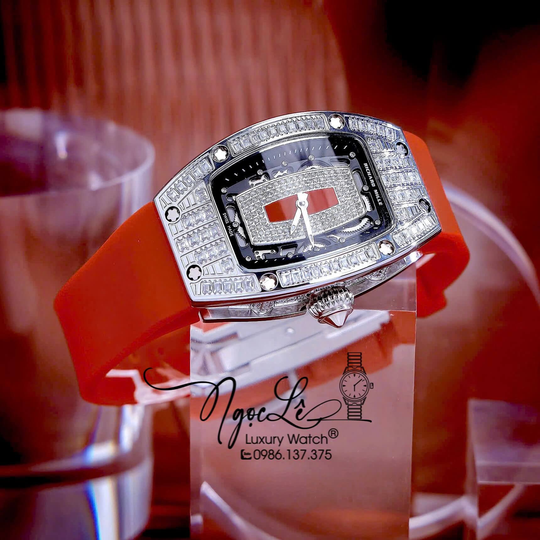 Đồng Hồ Nữ Richard Mille Dây Cao Su Đỏ Siêu Cấp Đính Đá Máy Pin Thụy Sĩ