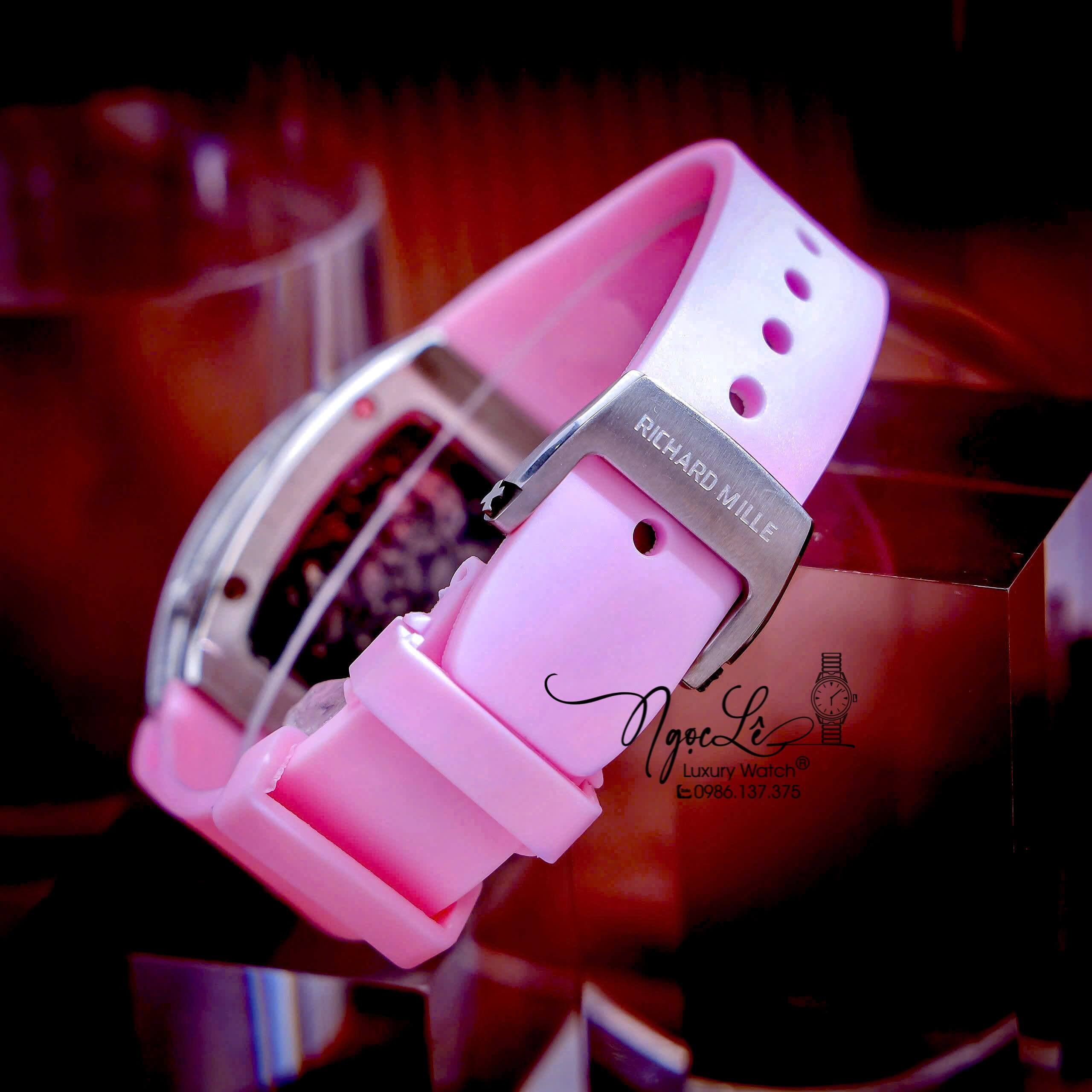 Đồng Hồ Nữ Richard Mille Dây Cao Su Màu Hồng Siêu Cấp Đính Đá Máy Pin Thụy Sĩ Size 39mm