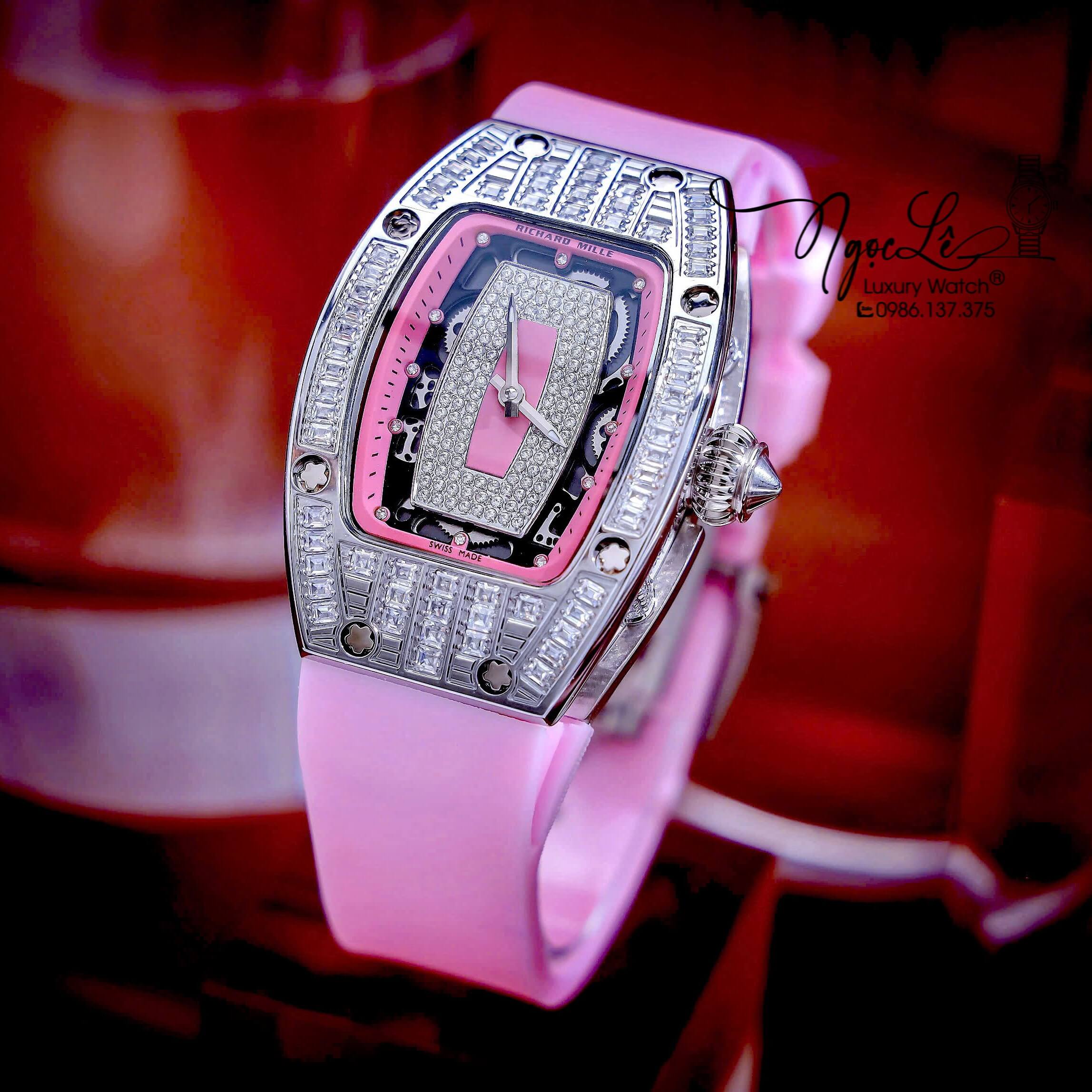 Đồng Hồ Nữ Richard Mille Dây Cao Su Màu Hồng Siêu Cấp Đính Đá Máy Pin Thụy Sĩ Size 39mm
