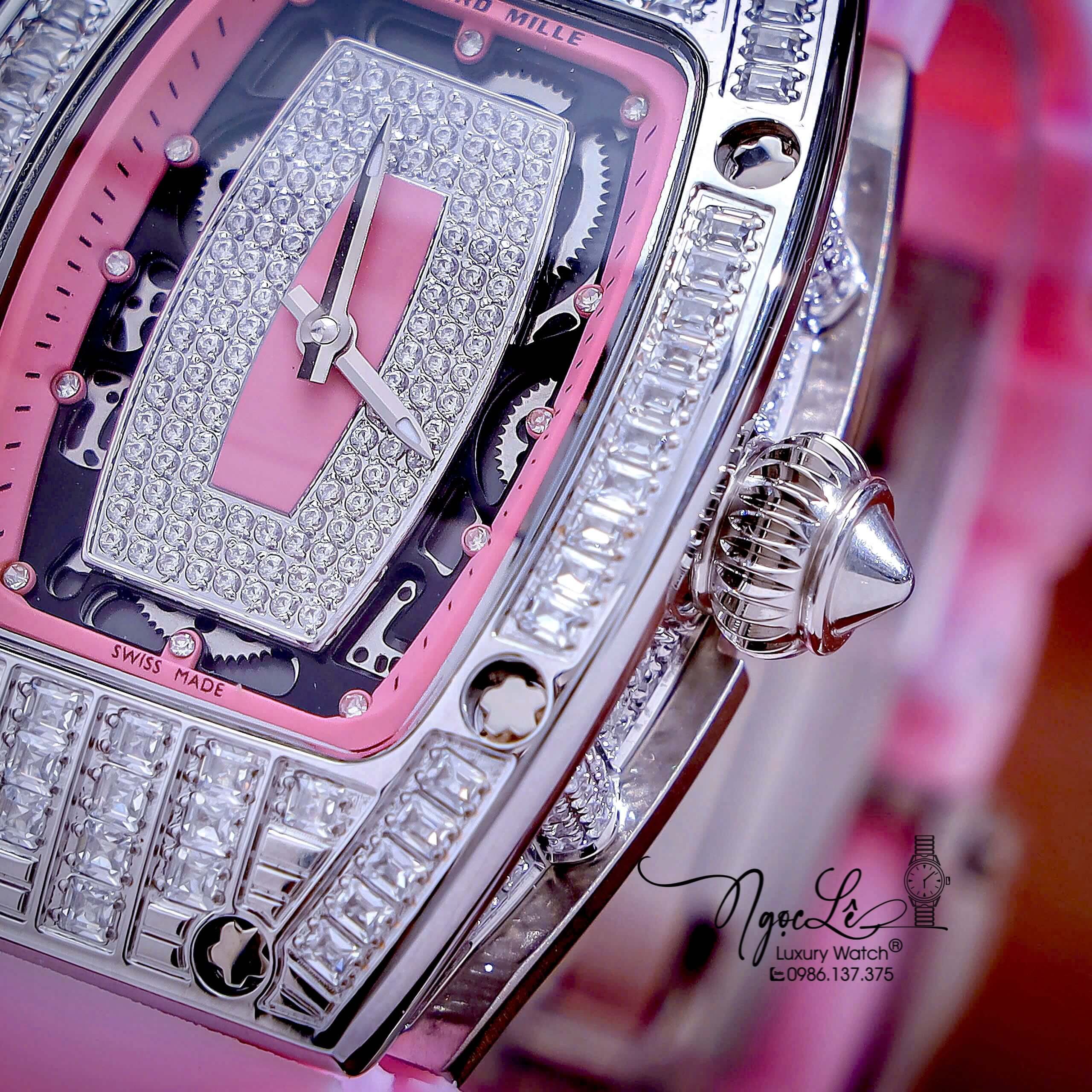 Đồng Hồ Nữ Richard Mille Dây Cao Su Màu Hồng Siêu Cấp Đính Đá Máy Pin Thụy Sĩ Size 39mm