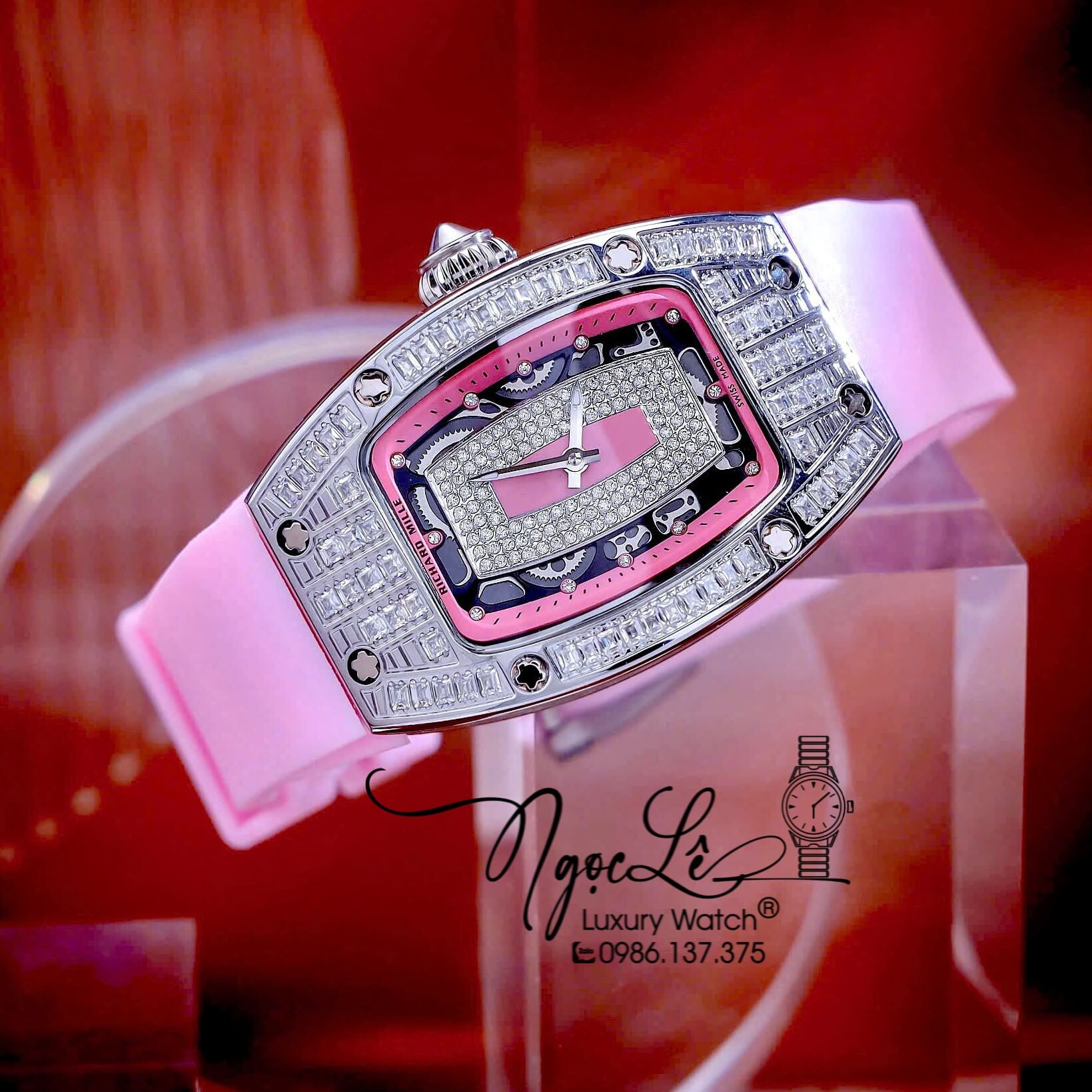 Đồng Hồ Nữ Richard Mille Dây Cao Su Màu Hồng Siêu Cấp Đính Đá Máy Pin Thụy Sĩ Size 39mm