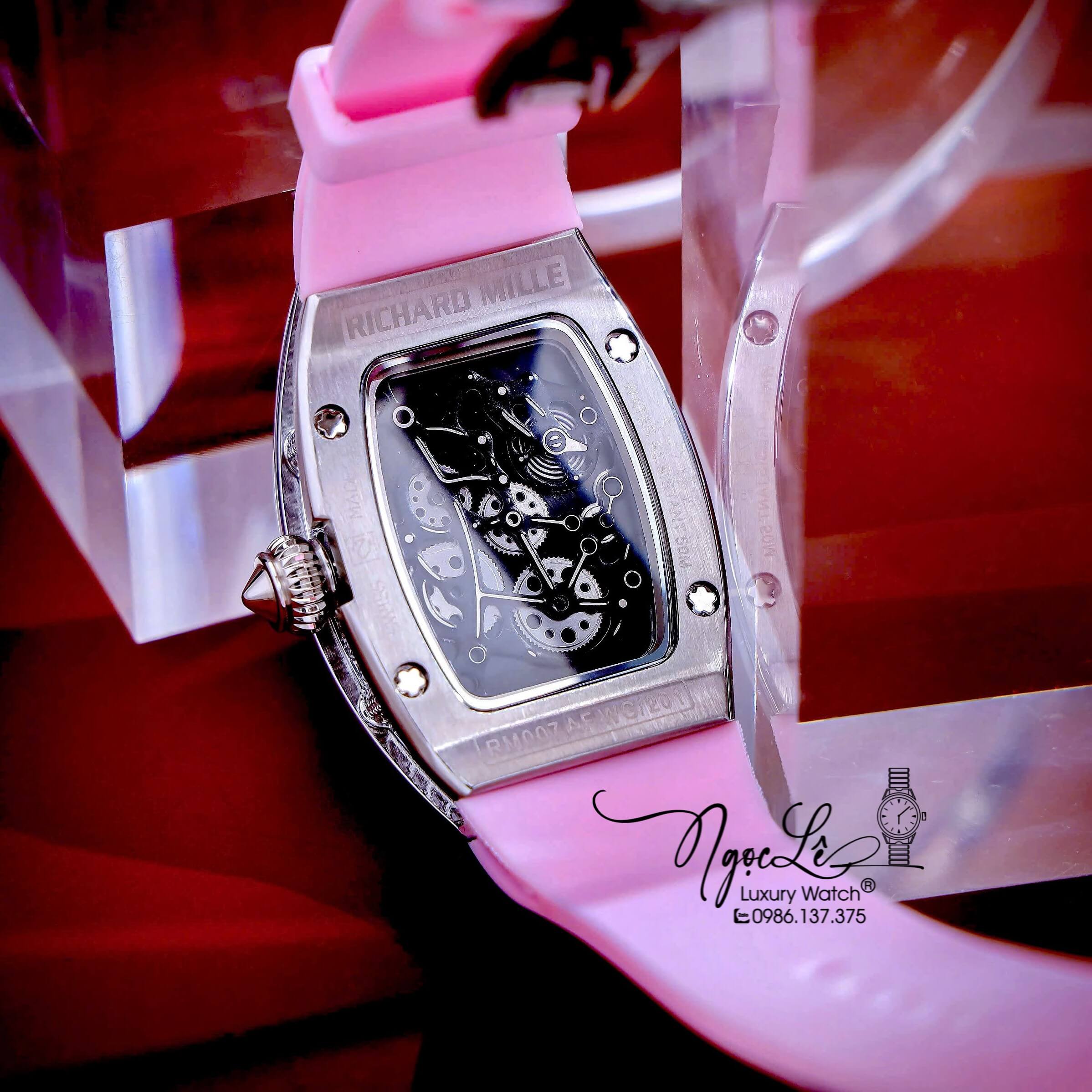 Đồng Hồ Nữ Richard Mille Dây Cao Su Màu Hồng Siêu Cấp Đính Đá Máy Pin Thụy Sĩ Size 39mm