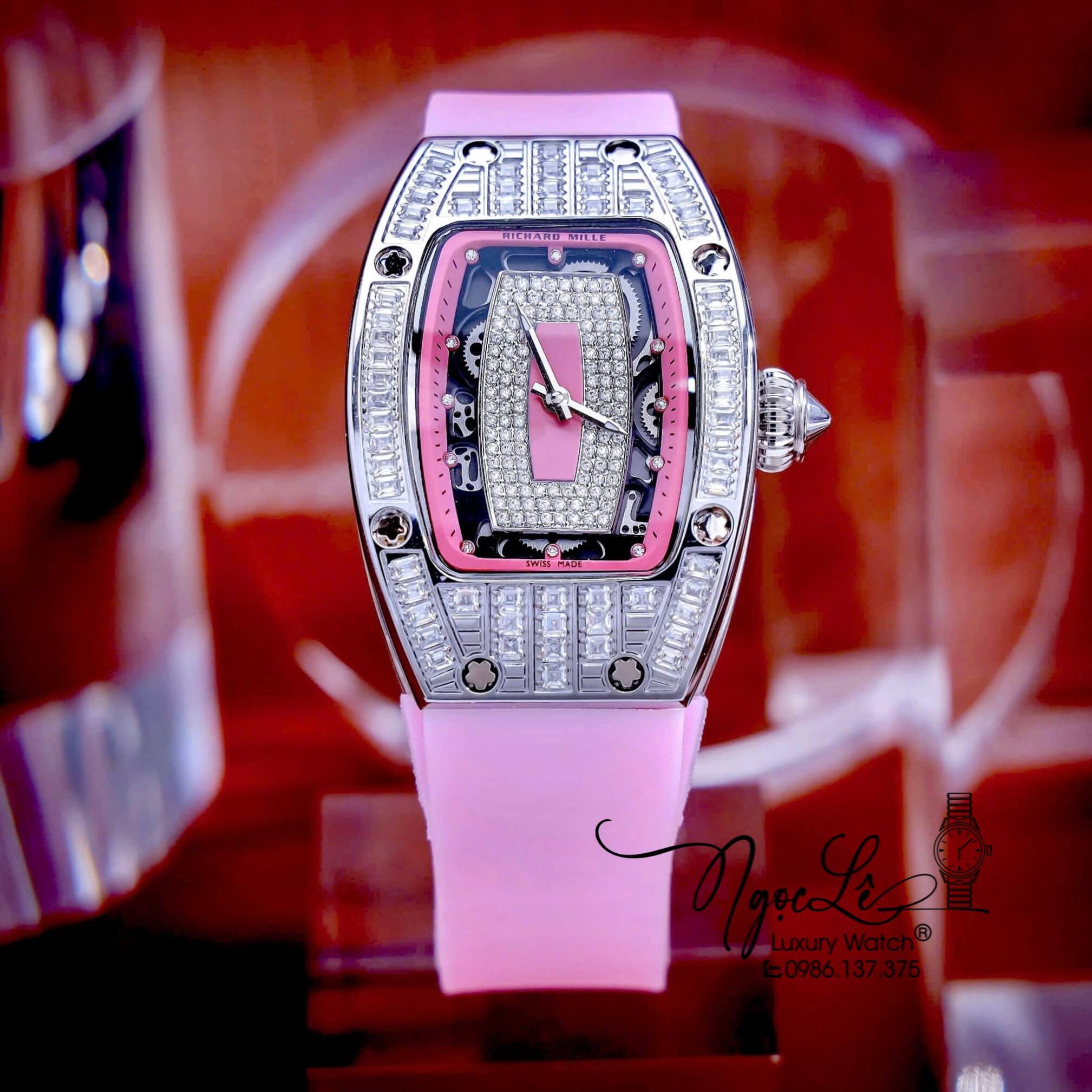 Đồng Hồ Nữ Richard Mille Dây Cao Su Màu Hồng Siêu Cấp Đính Đá Máy Pin Thụy Sĩ Size 39mm