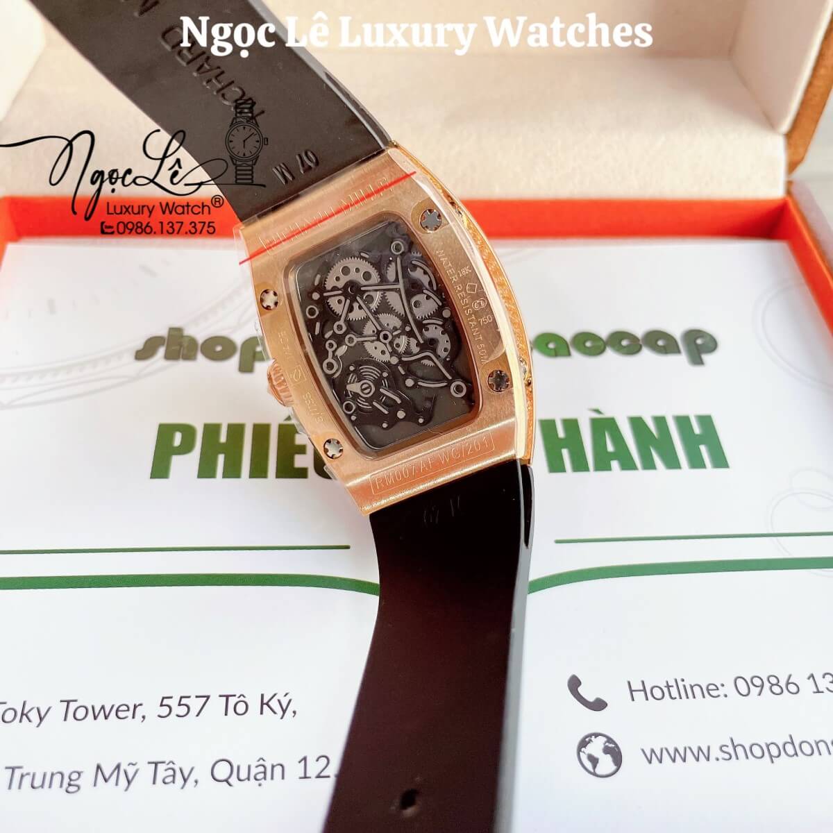 Đồng Hồ Nữ Richard Mille Siêu Cấp Dây Silicon Đen Lõi Đen Đính Đá Ống Vỏ Rose Size 30x47mm