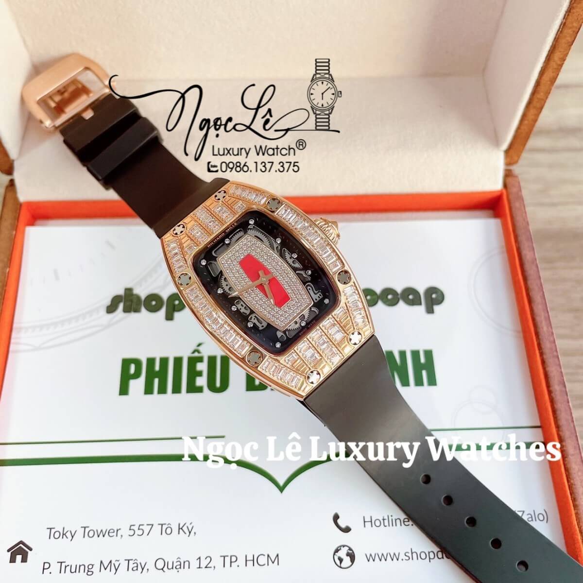 Đồng Hồ Nữ Richard Mille Siêu Cấp Dây Silicon Đen Lõi Đỏ Đính Đá Ống Size 30x47mm
