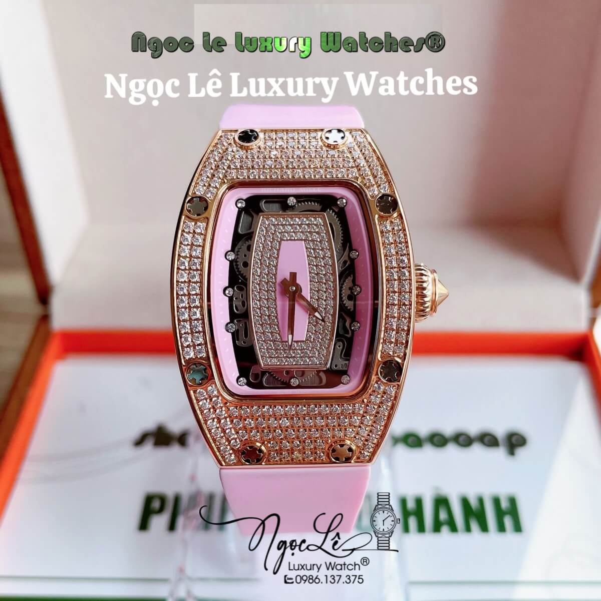 Đồng Hồ Nữ Richard Mille Siêu Cấp Dây Silicon Hồng Đính Đá Mịn Vỏ Rose Size 30x47mm