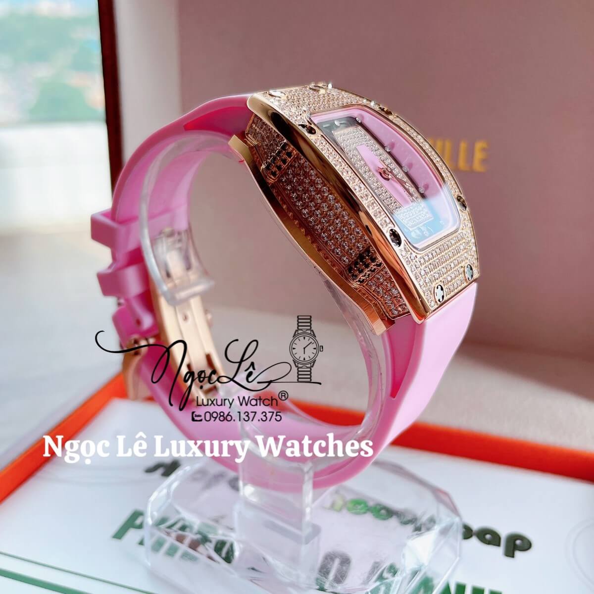 Đồng Hồ Nữ Richard Mille Siêu Cấp Dây Silicon Hồng Đính Đá Mịn Vỏ Rose Size 30x47mm